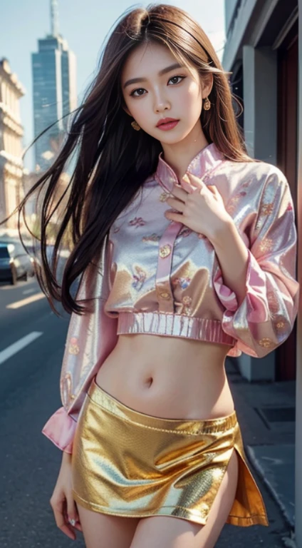 Half body photo, 1 beautiful Asian girl;
pink shirt, intricately embroidered shirt, unbutton the shirt;
sky blue skirt, pure skirt color, short skirt, exposed belly, the skirt is lifted, Shirt buttons made of emeralds;
pink panties, floral embroidered panties, underwear exposed;
long hair,wind blowing through hair;
wearing jewelry, natural makeup, wearing modern jewelry, makeup gold and gem jewelry;
extremely detailed eyes and face, lovely smile, delicate blush, sensuous lips, fragrant lipstick, intricate facial details, exuding femininity, feminine presence;
perfect skin, flawless skin texture perfect, shiny metallic skin;
blurred city backdrop, soft lighting, vivid colors, soft sunlight, subtle sunlight, dreamy, luxurious atmosphere, perfect lighting;
Super high quality, surreal, 8K, high resolution, masterpiece, detailed, extremely magical, professional cinematic lighting, black and golden beam, vibrant colors;
Fine brushstrokes,ethereal vibe,mesmerizing gaze,dreamy atmosphere,blending elegance,golden hour lighting,subtle color gradients,detailed floral patterns,understated beauty;
The photo focuses on her pussy.