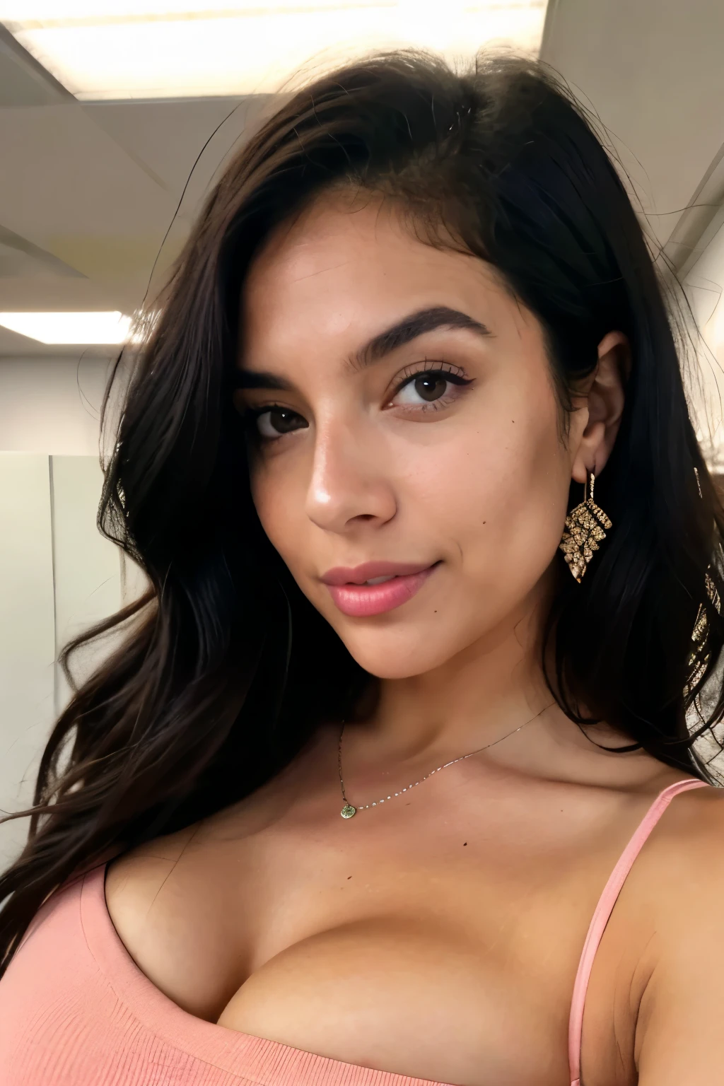 Selfie in the office. Black hair. Pink lipstic. At 25 years old, her natural wavy locks cascade around her, complementing her enchanting brown eyes and flawless figure. The photograph, expertly captured with Canon's 85mm lens and 4K resolution, reveals intricate details without distortion. Kodak color vision enhances the atmospheric depth, while post-processing refines the image for an ultra-realistic allure. Captured in medium format with a focus on atmospheric foreground and subdued lighting, the result is a high-quality photographic masterpiece. Boasting maximum detail and a film grain effect, it offers an immersive 8K UHD experience.