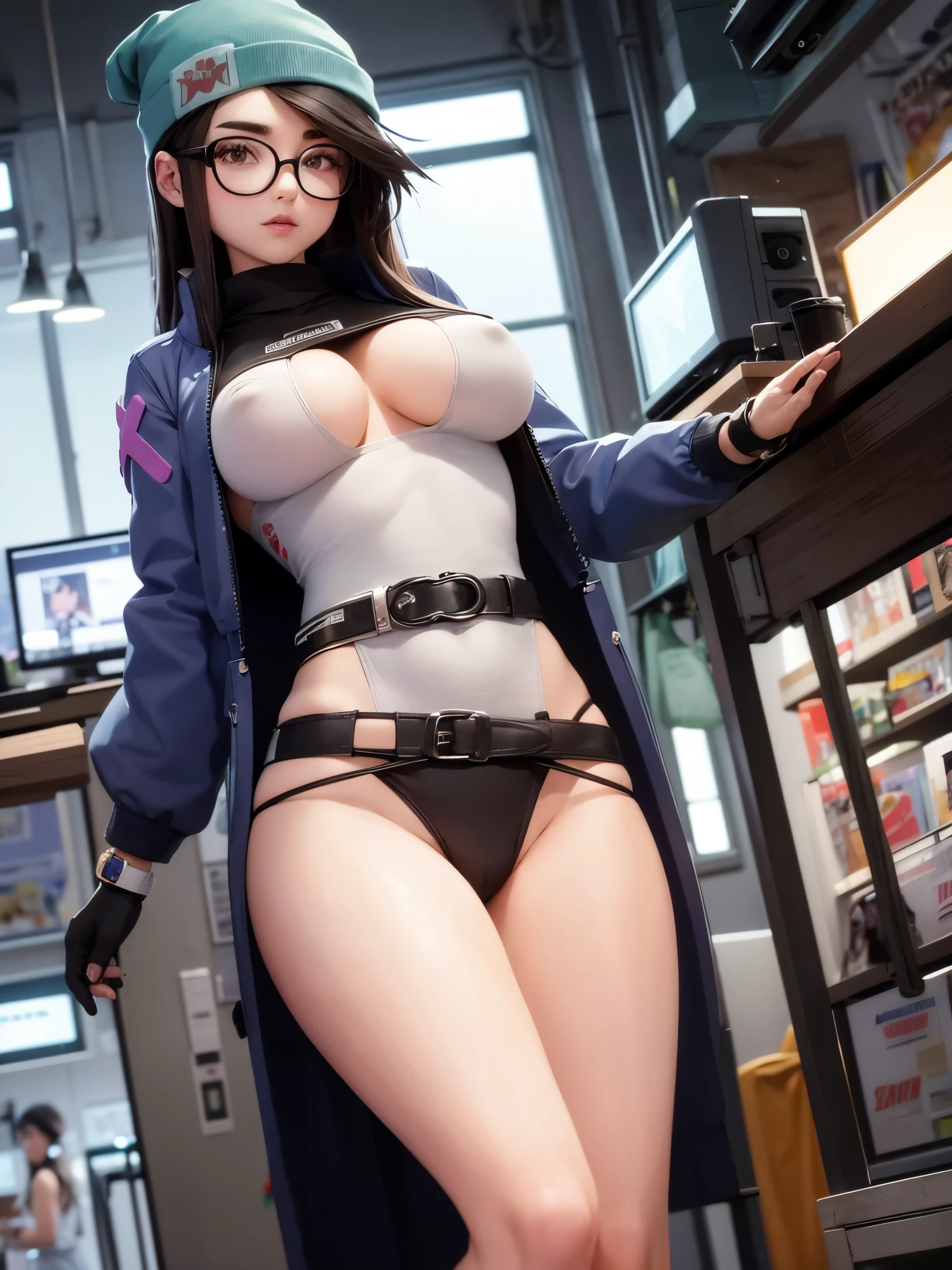 beanie,belt,big breasts,cybernetics,g-string,glasses,high tagia,jacket,micro bikini,revealing clothes,skimpy,visible breasts