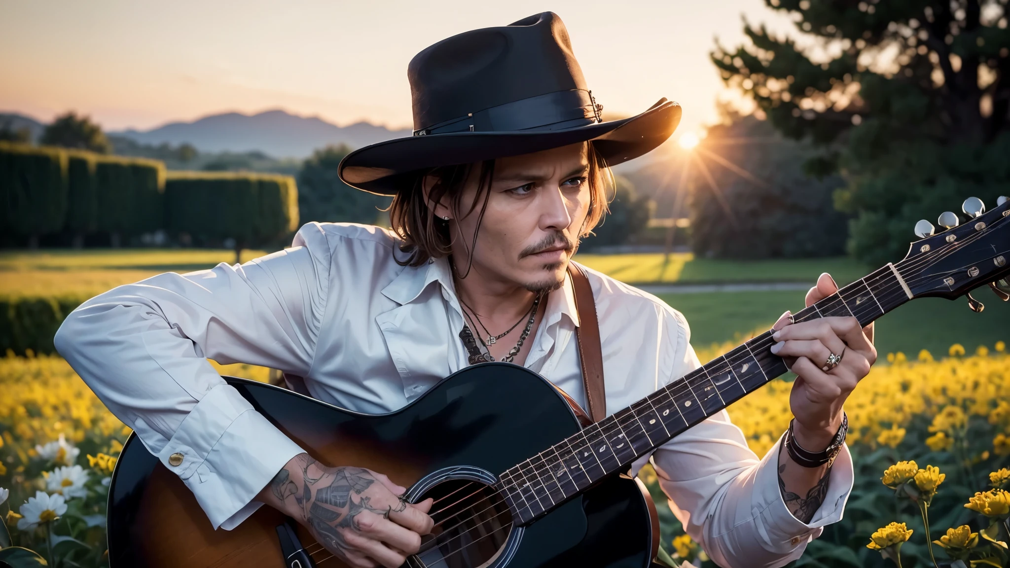 ((best quality)), ((masterpiece)),(detail), perfect face, medium shot of Johnny Depp in old age playing guitar in a flower field at sunset, wearing classic, stylish formal clothes romantic, retro vintage and romanticism, bokeh background, hyper-realistic photos, 8k , ultra high resolution, sharp faces