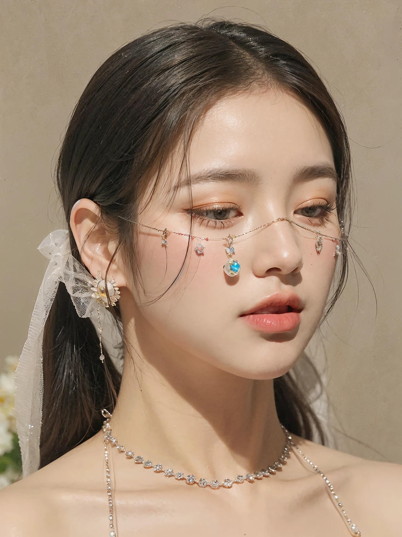 un primer plano de una mujer con un collar y un collar con una flor, forehead jewelry, adorno de joyas sobre la frente, Jimin\his right eyelid is swollen, Jimin\'s grecian nose, Accesorios faciales, dilraba dilmurat, pale korean adorable face, Jaeyeon Nam, ulzzang, ojos brillantes y penetrantes, anillo de la nariz, hermoso rostro estetico