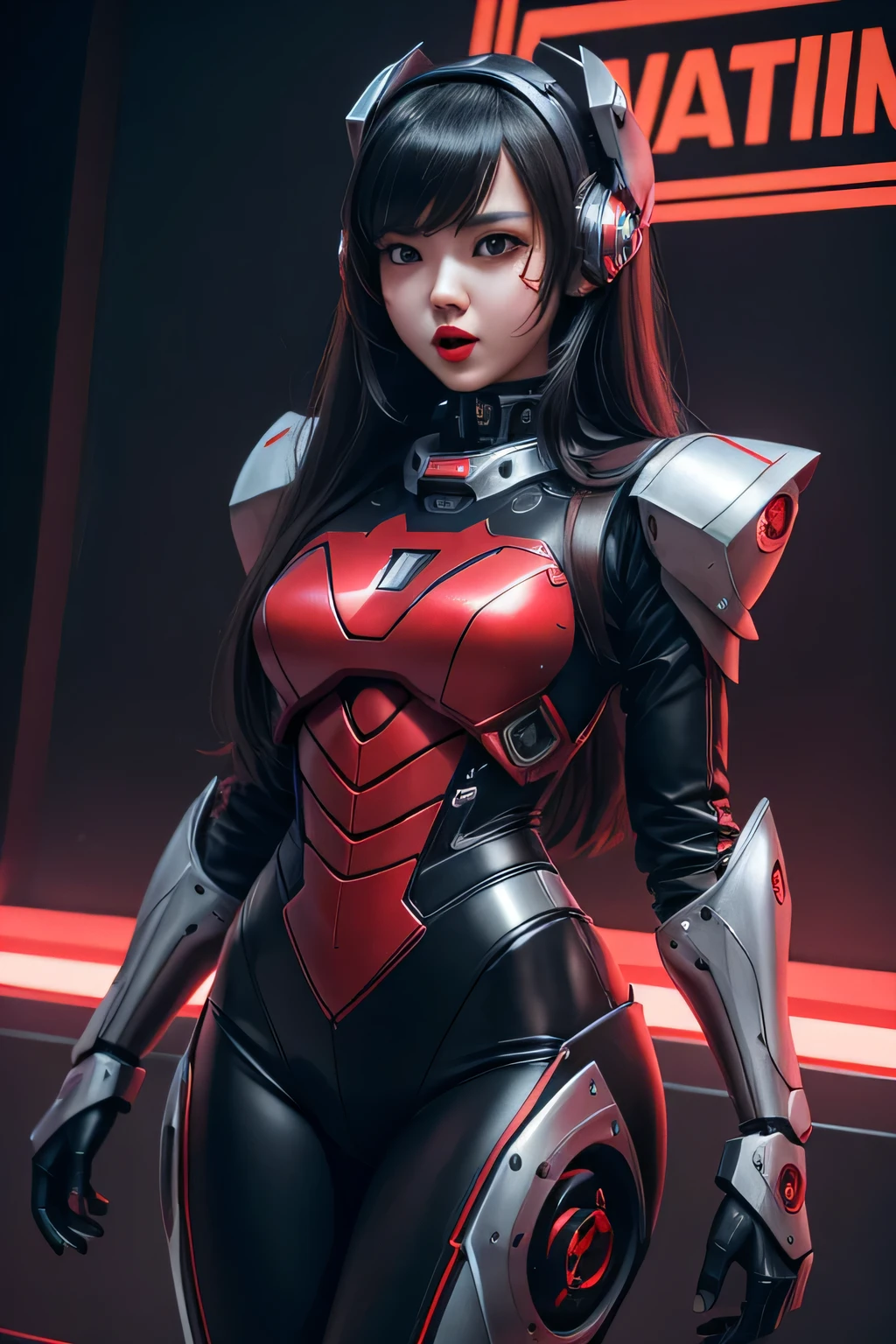 A high school girl cosplaying as an evil robot girl Wearing a robot costume The background is the game presentation, flustered, surprised, red lips, panicking, UHD, retina, masterpiece, ccurate, anatomically correct, textured skin, super detail, high details, high quality, award winning, best quality, highres