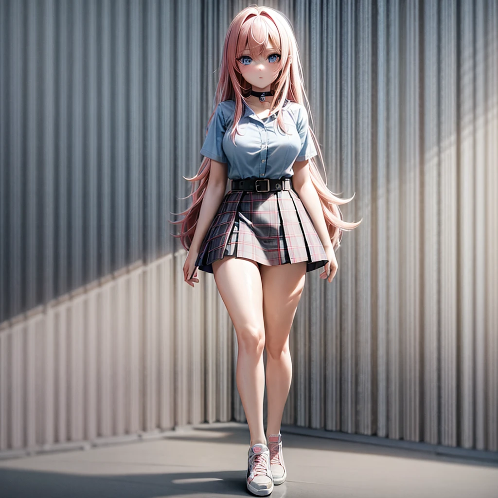 Masterpiece, Highest quality, 1girl, solo, perfect anatomy, beautiful face, high resolution, 4k, vtuber model, long hair, pink hair, bangs, medium breasts, blue eyes, open blue shirt, black choker, red white checkered mini skirt, black belt, black stockings, sneakers, simply background