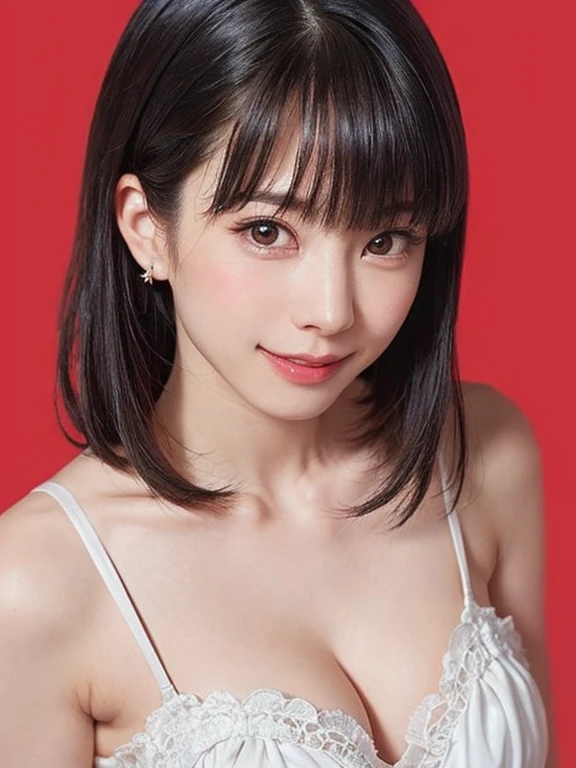 (software:1.8、masterpiece, highest quality),1 girl, alone, have, realistic, realistic, looking at the viewer, bright hazel eyes:1.6, Brunette short bob hair with highly detailed shiny hair, short hair:1.8、Beautiful face in symmetry、spring clothes:1.6, Whity, lips, bangs, outdoor, closed mouth, Upper body、Big eyes、eyelash、((Very simple light red background:1.8))、(((bangsのあるshort hair、Big eyes、big and full 胸、look at the audience、beautiful beauty、show me your ears、long neck、smile、please close your mouth and smile)))、ideal body proportions、((({Huge|big|Hugeな|mega} Chest 2, cleavage:2、幸せなsmile、beautiful teeth、)))