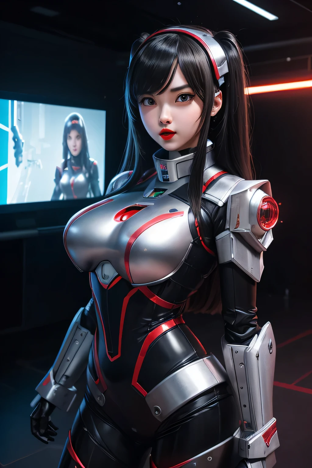 A high school girl cosplaying as an evil robot girl Wearing a robot costume The background is the game presentation, flustered, surprised, red lips, panicking, open mouth, UHD, retina, masterpiece, ccurate, anatomically correct, textured skin, super detail, high details, high quality, award winning, best quality, highres