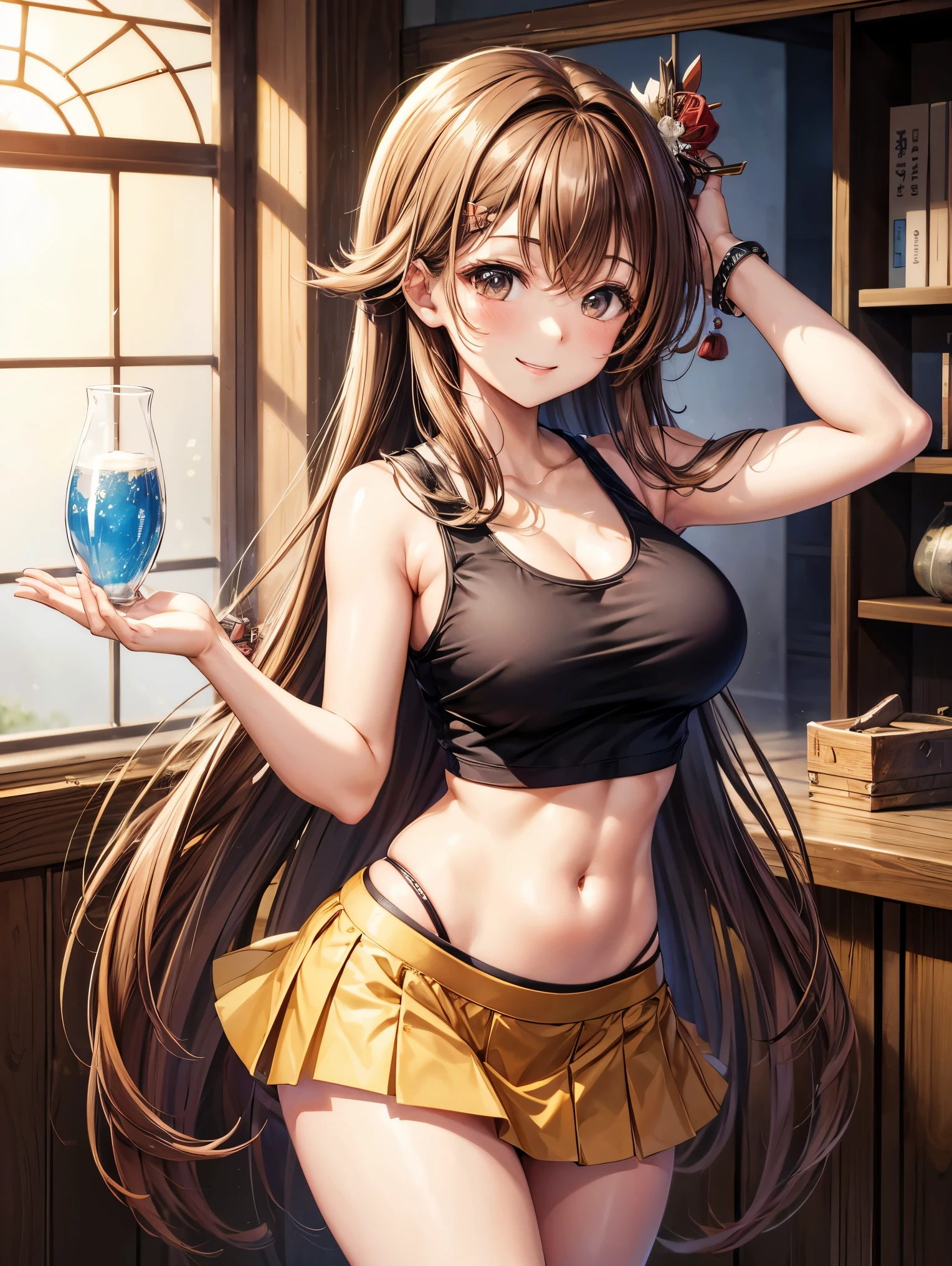 highest quality,best image,Japanese,big breasts,long brown hair,beautiful girl,smile,Tank top,mini skirt