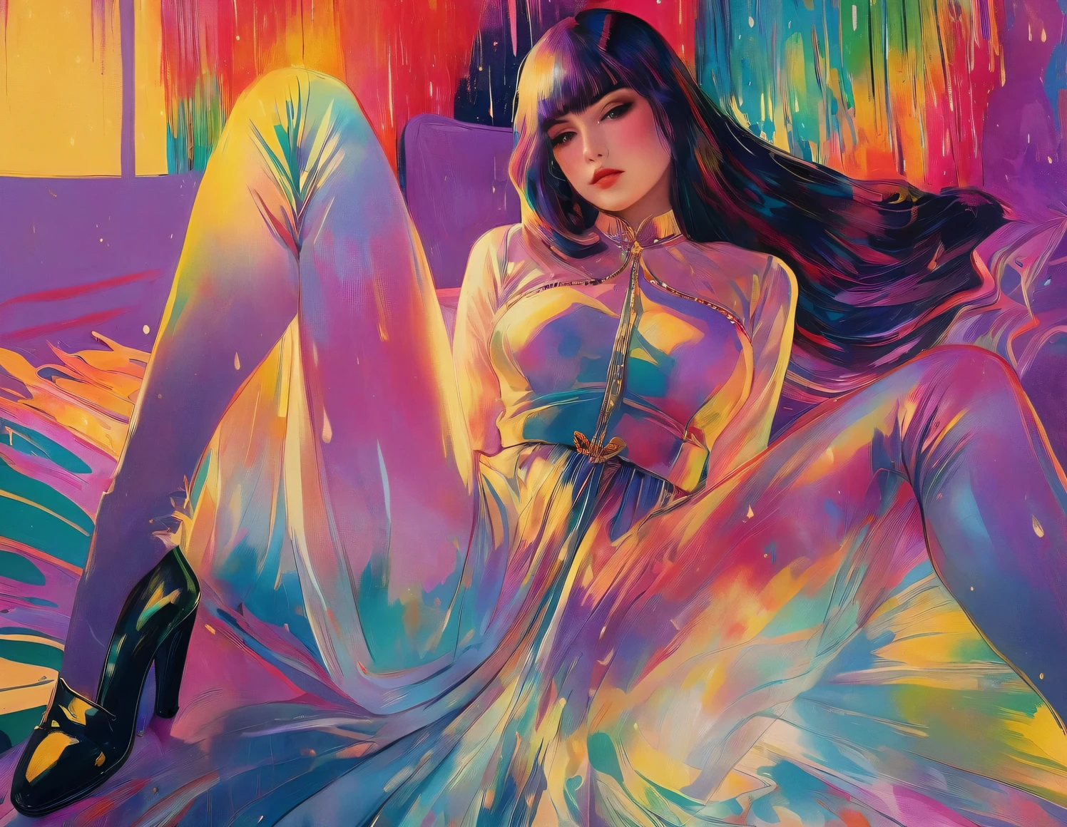chiaroscuro technique on sensual illustration of an elegant queen (((long hair with bangs:1.4、Beautiful bangs) , vintage ,silky dress, matte painting, by John Singer Sargent, by Harumi Hironaka, abstract background, (upper body:1.5), Rainbow rain, highly detailed, digital artwork, high contrast, dramatic, refined, tonal, an intimate, seductive studio setting with a focus on sensuality and romance. Utilize soft, warm lighting that bathes the space in a gentle, inviting glow. Incorporate luxurious fabrics, plush furnishings, and a touch of decadence to evoke an opulent ambiance. The scene should exude an air of serenity and anticipation, inviting the viewer into a sensual and romantic space
