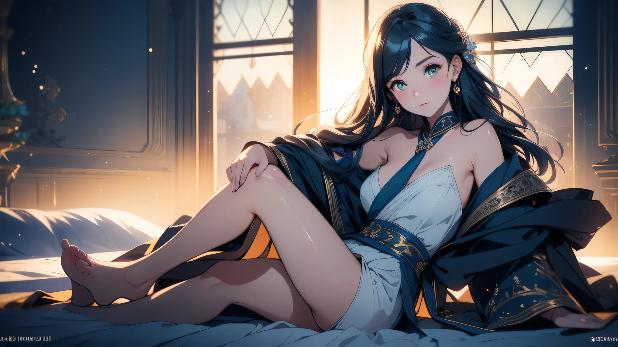 Solo, an alone mature girl with long blue and yellow eyes sitting on the bed and spread leg , night, High detail mature face, tie hair on the left side, golden eyes, bare leg, bare shoulder, white noble priest dress, high res, ultra sharp, 8k, masterpiece, smiling, fantasy world, magical radiance background ((Best quality)), ((masterpiece)), 3D, HDR (High Dynamic Range),Ray Tracing, NVIDIA RTX, Super-Resolution, Unreal 5,Subsurface scattering, PBR Texturing, Post-processing, Anisotropic Filtering, Depth-of-field, Maximum clarity and sharpness, Multi-layered textures, Albedo and Specular maps, Surface shading, Accurate simulation of light-material interaction, Perfect proportions, Octane Render, Two-tone lighting, Wide aperture, Low ISO, White balance, Rule of thirds,8K RAW, Aura, masterpiece, best quality, Mysterious expression, magical effects like sparkles or energy, flowing robes or enchanting attire, mechanic creatures or mystical background, rim lighting, side lighting, cinematic light, ultra high res, 8k uhd, film grain, best shadow, delicate, RAW, light particles, detailed skin texture, detailed cloth texture, beautiful face, 
(masterpiece), best quality, expressive eyes, perfect face,