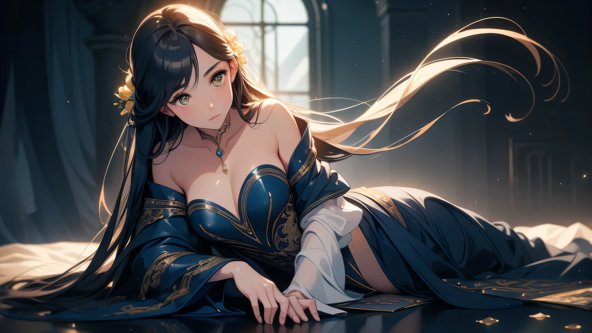 Solo, an alone mature girl with long blue and yellow eyes sitting on the bed and spread leg , night, High detail mature face, tie hair on the left side, golden eyes, bare leg, bare shoulder, white noble priest dress, high res, ultra sharp, 8k, masterpiece, smiling, fantasy world, magical radiance background ((Best quality)), ((masterpiece)), 3D, HDR (High Dynamic Range),Ray Tracing, NVIDIA RTX, Super-Resolution, Unreal 5,Subsurface scattering, PBR Texturing, Post-processing, Anisotropic Filtering, Depth-of-field, Maximum clarity and sharpness, Multi-layered textures, Albedo and Specular maps, Surface shading, Accurate simulation of light-material interaction, Perfect proportions, Octane Render, Two-tone lighting, Wide aperture, Low ISO, White balance, Rule of thirds,8K RAW, Aura, masterpiece, best quality, Mysterious expression, magical effects like sparkles or energy, flowing robes or enchanting attire, mechanic creatures or mystical background, rim lighting, side lighting, cinematic light, ultra high res, 8k uhd, film grain, best shadow, delicate, RAW, light particles, detailed skin texture, detailed cloth texture, beautiful face, 
(masterpiece), best quality, expressive eyes, perfect face,