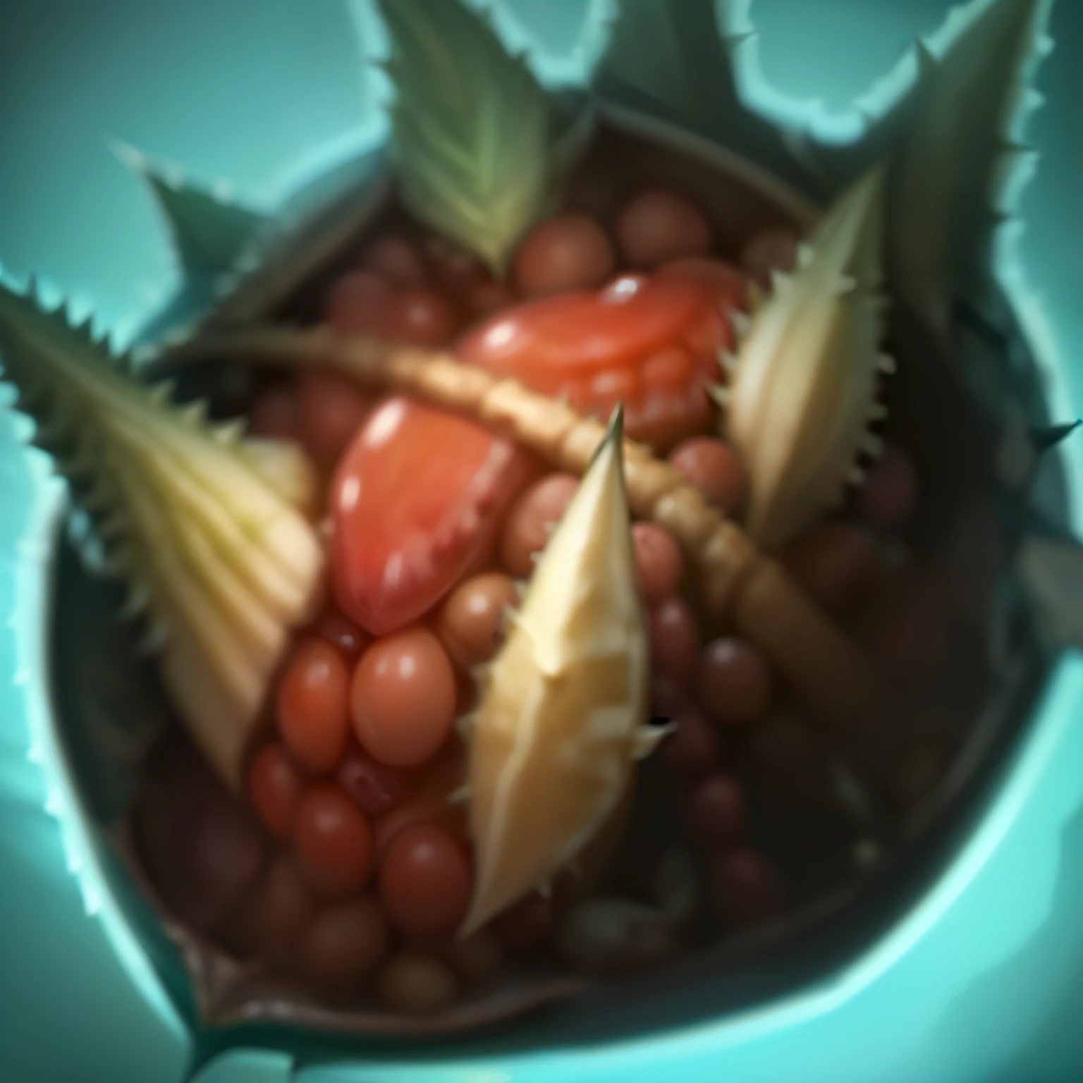 a close up of a bowl of food with meat and vegetables, spike shell, spiky skin, league of legends inventory item, skin spikes, dragon maw, spiky, smooth carapace, dragon vore, giant thorns, old skin, insane quality, hermit crab titan, chomatic aberration, style of league of legends, dragon eggs, headcrab, spiked