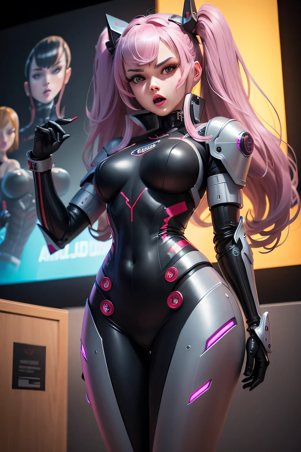 Extremely detailed CG unity 8k wallpaper, full shot body photo, (gigantic breasts), european, gorgeous clean face, (long pink hair), small hips and waist, petite body, (wearing an sexualized futuristic suit), (sanding in a cyberpunk office), skyscrapper and dark street trough the glass in background, sexy, sexualizedhes, high detail, sharp focus, dramatic, by deviant art and pornography, realism, beautiful and detailed lighting, shadows.