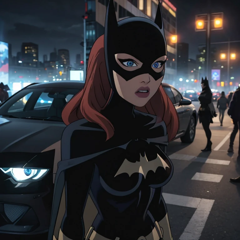 sexy girl with blue eyes, ultra realistic, meticulously detailed, at the car, red hair and large eyes, selfie of a young woman, grey skirt, natural makeup, looking directly at the camera, face with artgram, subtle makeup, stunning full body shot, next of the batmobile ((batman car))), medium to large size bust, midnight weather, view of the streets, new york city, los angeles, full body photo, whole person in the picture, photo shot on iphone, hyper realistic photo, ultra sharp, real life footage, instagram post photo, girl having fun, high quality of the photo,4k , ultra4k moonlight, selfie, people in the background, car in the background, around people