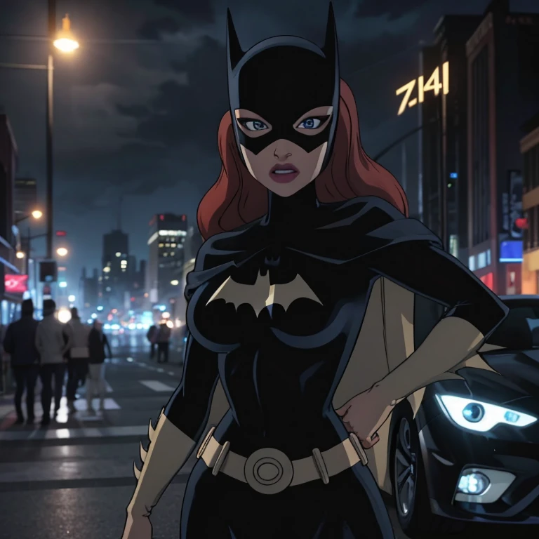 sexy girl with blue eyes, ultra realistic, meticulously detailed, at the car, red hair and large eyes, selfie of a young woman, grey skirt, natural makeup, looking directly at the camera, face with artgram, subtle makeup, stunning full body shot, next of the batmobile ((batman car))), medium to large size bust, midnight weather, view of the streets, new york city, los angeles, full body photo, whole person in the picture, photo shot on iphone, hyper realistic photo, ultra sharp, real life footage, instagram post photo, girl having fun, high quality of the photo,4k , ultra4k moonlight, selfie, people in the background, car in the background, around people