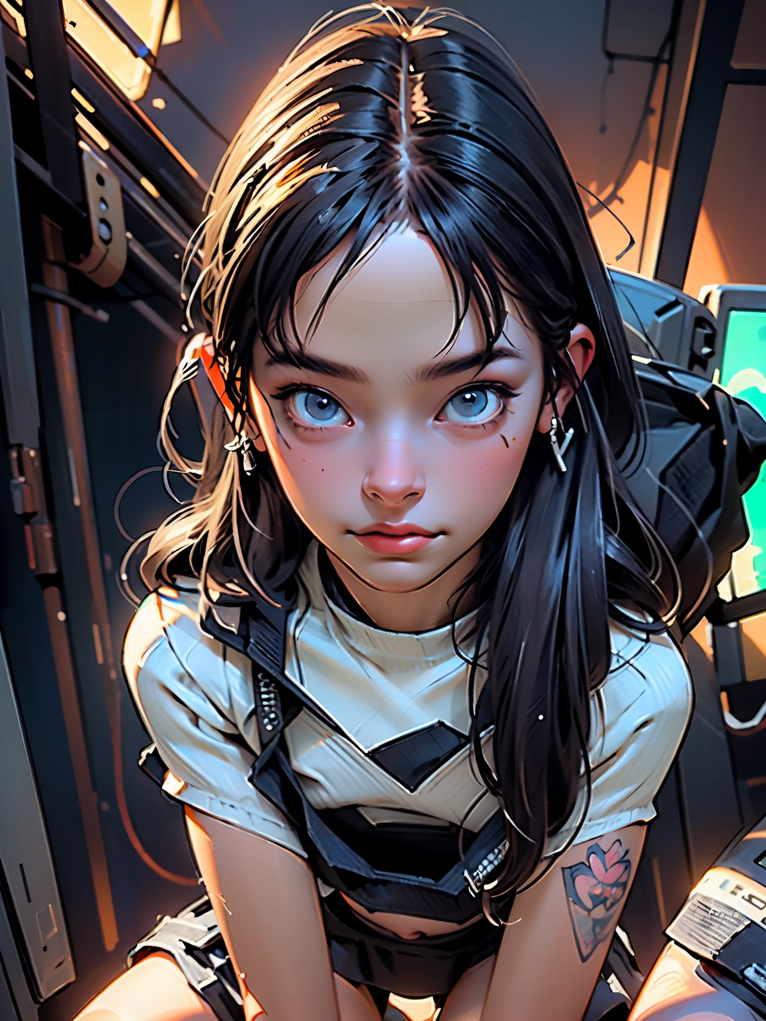 (Best quality, A high resolution), (ultra detail), (1. Michelle), (1 beautiful girl), (underwear, with medium straight hair, bottomwear, in a white miniskirt with pleats and ears, blue sweatshirt , on a naked body).(written on the chest ' Future funk'). (amidst a vibrant futuristic cityscape, illuminated by neon lights). (More than 8K.motor surreal:1.4,HD,La Best quality:1.4, Photorealistic:1.4, skin texture:1.4, masterpiece:1.8,masterpiece, Best quality, Объект Object).(detailed facial features:1.3) ,(Correct proportions),(Beautiful blue eyes:1.4), (Cowboy pose), (more details:1.4), ,(Cyberpunk 2.1), (kawaii style: 1.4); , (ice element:1.4),(White underwear:V2.1)