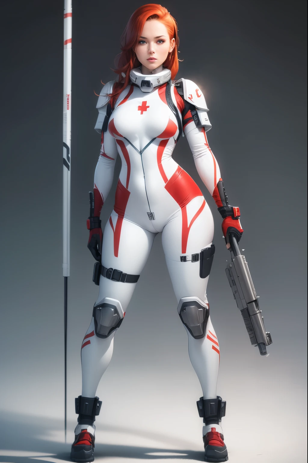 Adult female with athletic build, shoulder-length red hair, wearing white metal combat armor and a white metal catsuit with a metal utility belt, big , open chest, downbouse, white metal gloves, the word "mendy" on the chest, a medic red cross emblem on the chest, a professional-looking protective fighter pilot helmet, and visor, full body shot,