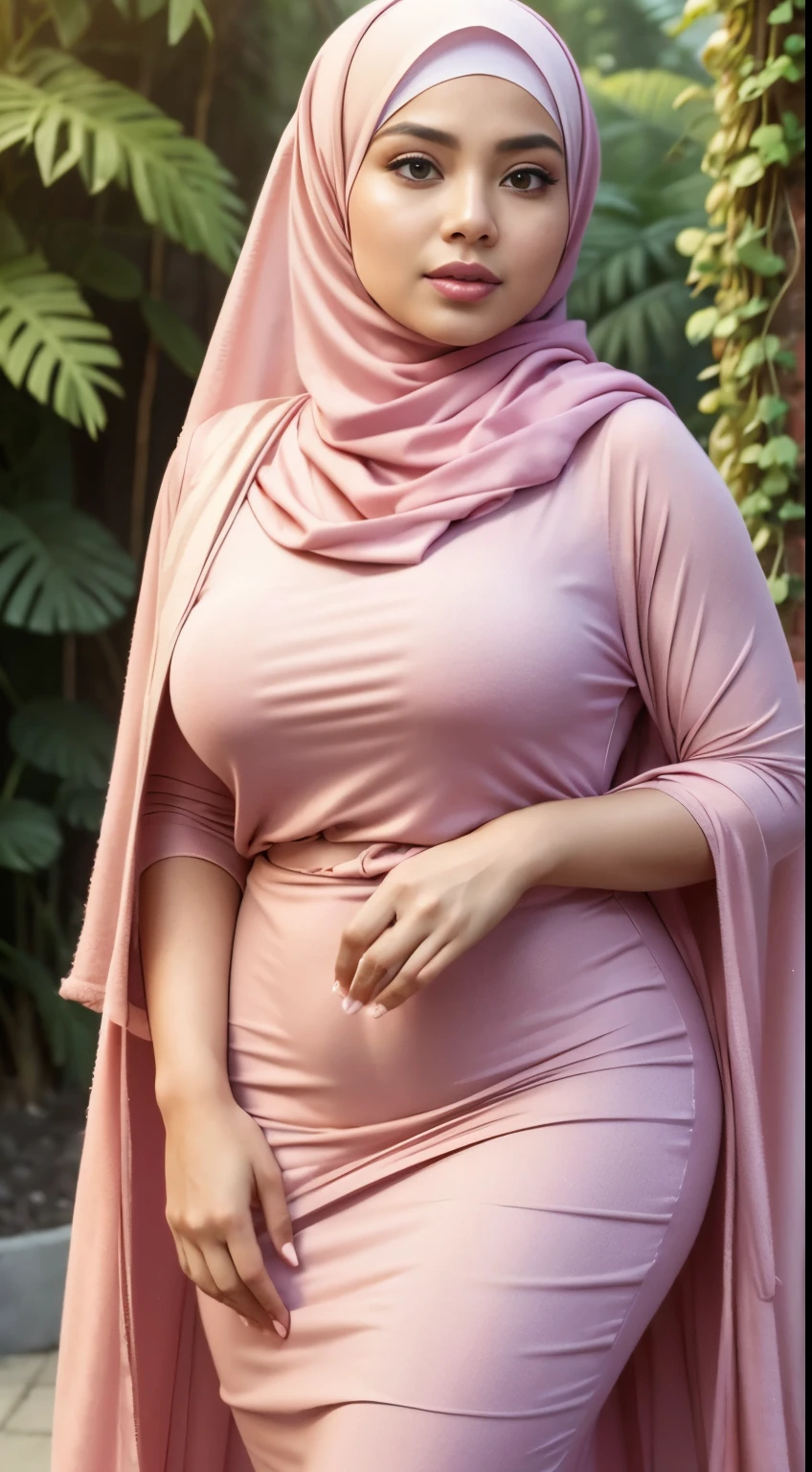 RAW, Best quality, high resolution, masterpiece: 1.3), beautiful Malay woman in hijab,Masterpiece, perfect fit body, Huge breast, big gorgeous eyes, open mount,Soft smile,wearing a pink dress and a pink hijab, pastel pink, inspired by Nazmi Ziya Güran, inspired by Naza, pink pastel, hijab, malaysian, inspired by Shaddy Safadi, with lovely look, wearing beautiful clothes, lovely woman, inspired by Fathi Hassan, some pink, background is heavenly, pastel pink skin tone, faded pink ,thick thighs, Delicate turtleneck, long necklace, shairband, afternoon walk, garden plant, Excellent lighting, Bright colors, sucking dick, with big
