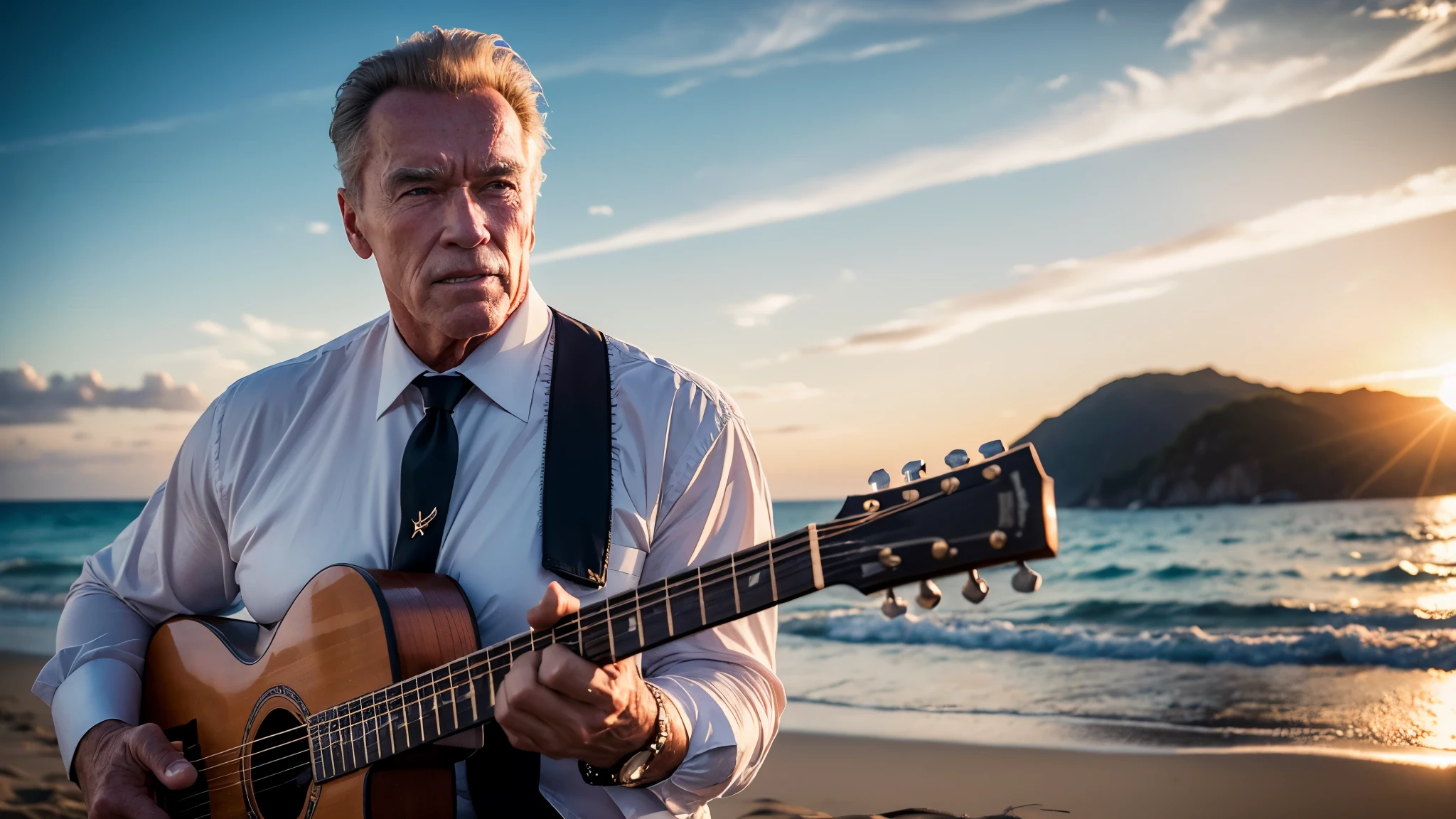 ((best quality)), ((masterpiece)),(detail), perfect face, medium shot of an elderly white-haired Arnold Schwarzenegger playing the guitar on a sunset beach hillside, wearing formal clothes classic, romantic style, retro vintage and romanticism, bokeh background, hyper-realistic photos, 8k , ultra high resolution, sharp faces