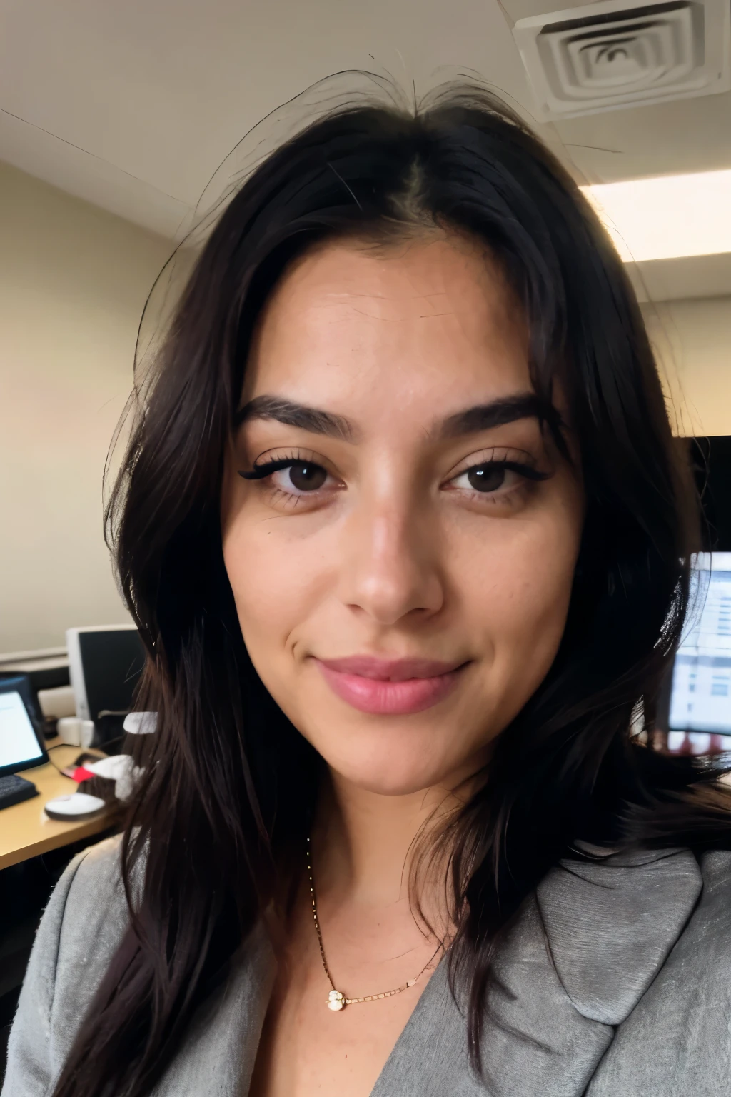 Selfie in the office. Black hair. Pink lipstic. At 25 years old, her natural wavy locks cascade around her, complementing her enchanting brown eyes and flawless figure. The photograph, expertly captured with Canon's 85mm lens and 4K resolution, reveals intricate details without distortion. Kodak color vision enhances the atmospheric depth, while post-processing refines the image for an ultra-realistic allure. Captured in medium format with a focus on atmospheric foreground and subdued lighting, the result is a high-quality photographic masterpiece. Boasting maximum detail and a film grain effect, it offers an immersive 8K UHD experience.