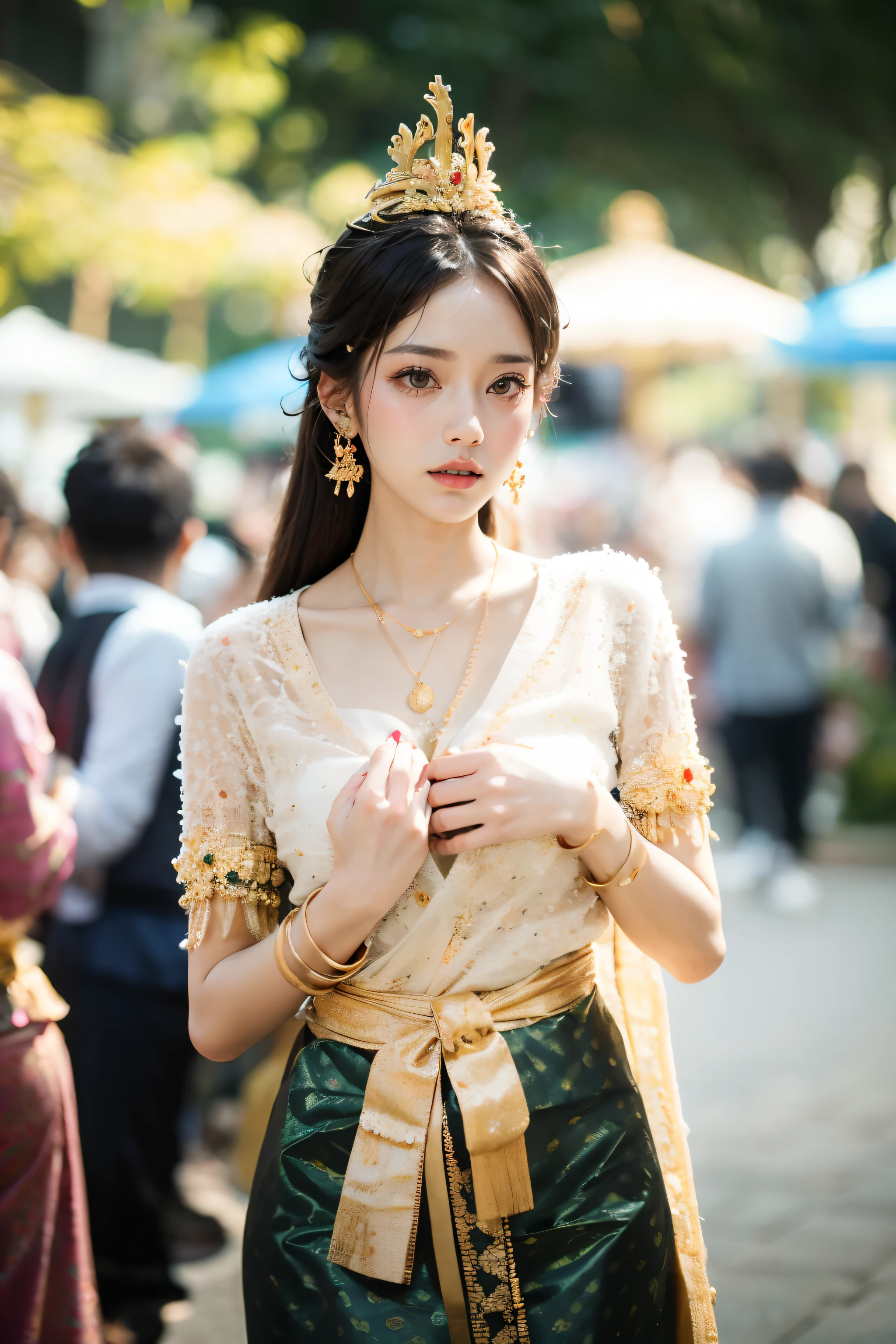 (masterpiece, best quality:1.2),1 girl, black hair, blurred background, bracelet, brown eyes, depth of field,Dai skirt,Chinese Dai costumes,apron,Gold metal crown, earrings, concentrated, Put your hands on your chest, jewelry, lips, looking at the audience, motion blur, necklace, photo \(Moderate\), photorealistic, focus only