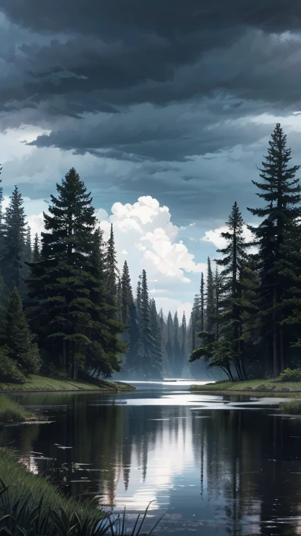 In a vast, ancient forest, towering trees stretch skyward, their thick canopies casting intricate patterns of light and shadow on the forest floor. Above, three ominous dark clouds loom, swirling with the promise of rain.
Amidst this serene yet foreboding scene, crystal-clear water ponds reflect the surrounding trees and clouds with stunning realism, their surfaces rippling gently in the breeze. The entire setting is captured in stunning 8K high-definition, each detail and hue brought to life in breathtaking clarity.