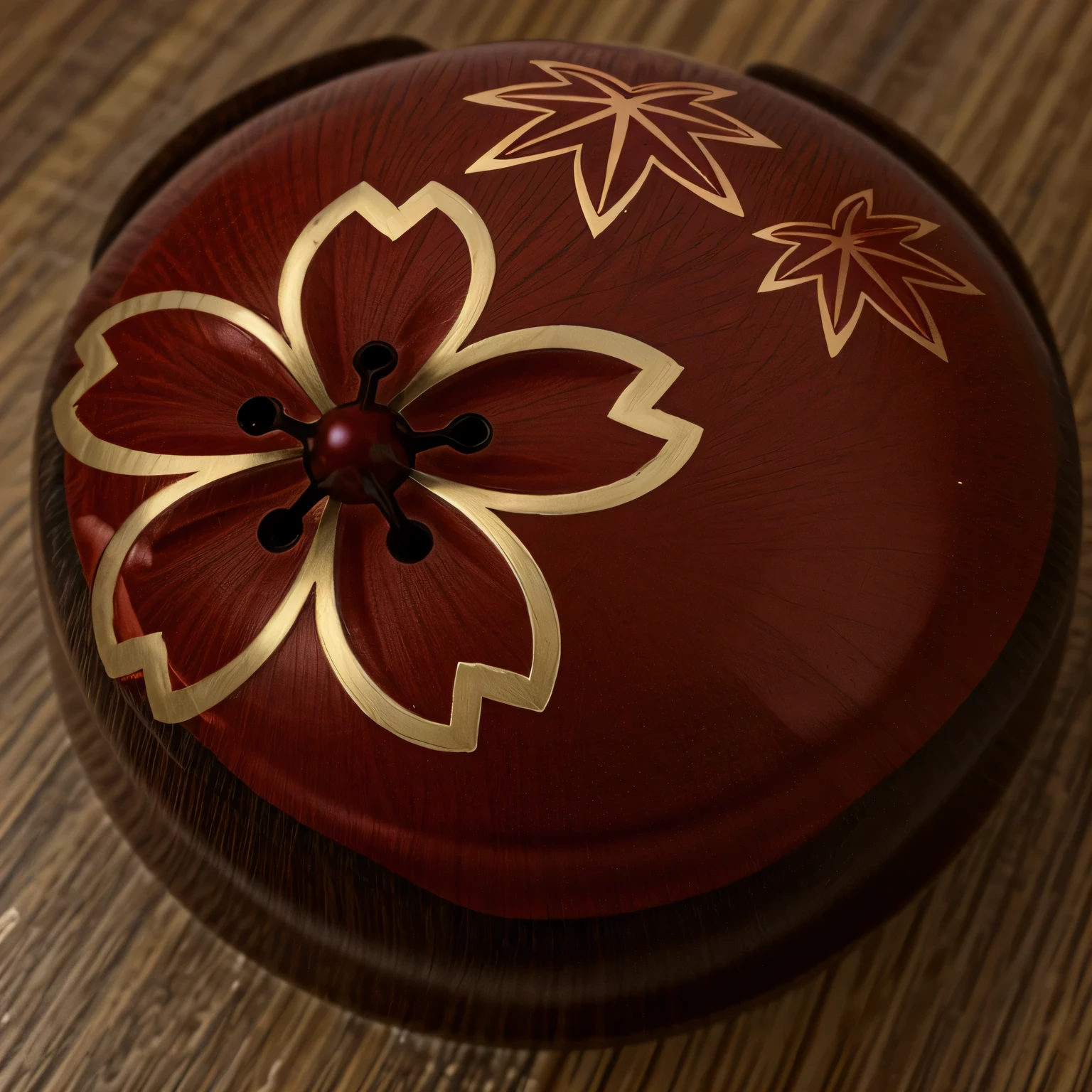 There is a red box with a gold pattern on it., lacquerware, related with flowers, traditional japanese colors, traditional japanese, japanese pottery