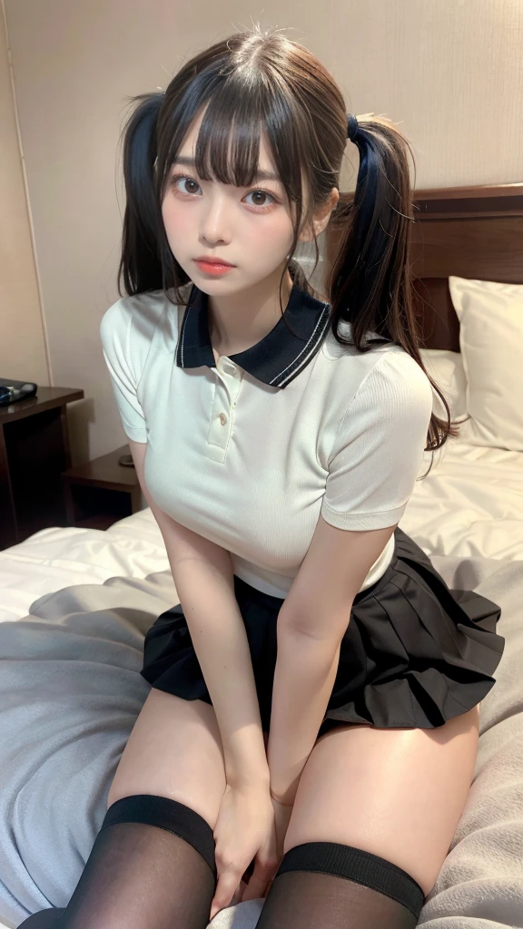 pieces fly, highest quality, figure, Super detailed, small details, High resolution, 8K,wallpaper, 完璧なダイナミックな構figure,(Detailed high quality, realistic depiction of eyes:1.3), (collared polo shirt), pleated skirt, knee high socks, twin tails, lying down, black hair color, big natural color lip, bold sexy pose, (perfect body shape), crying a little、cold gaze, harajuku style、20 year old girl、cute type、lolita、beautiful feet, hotel room, Gravure idol pose, plump thighs