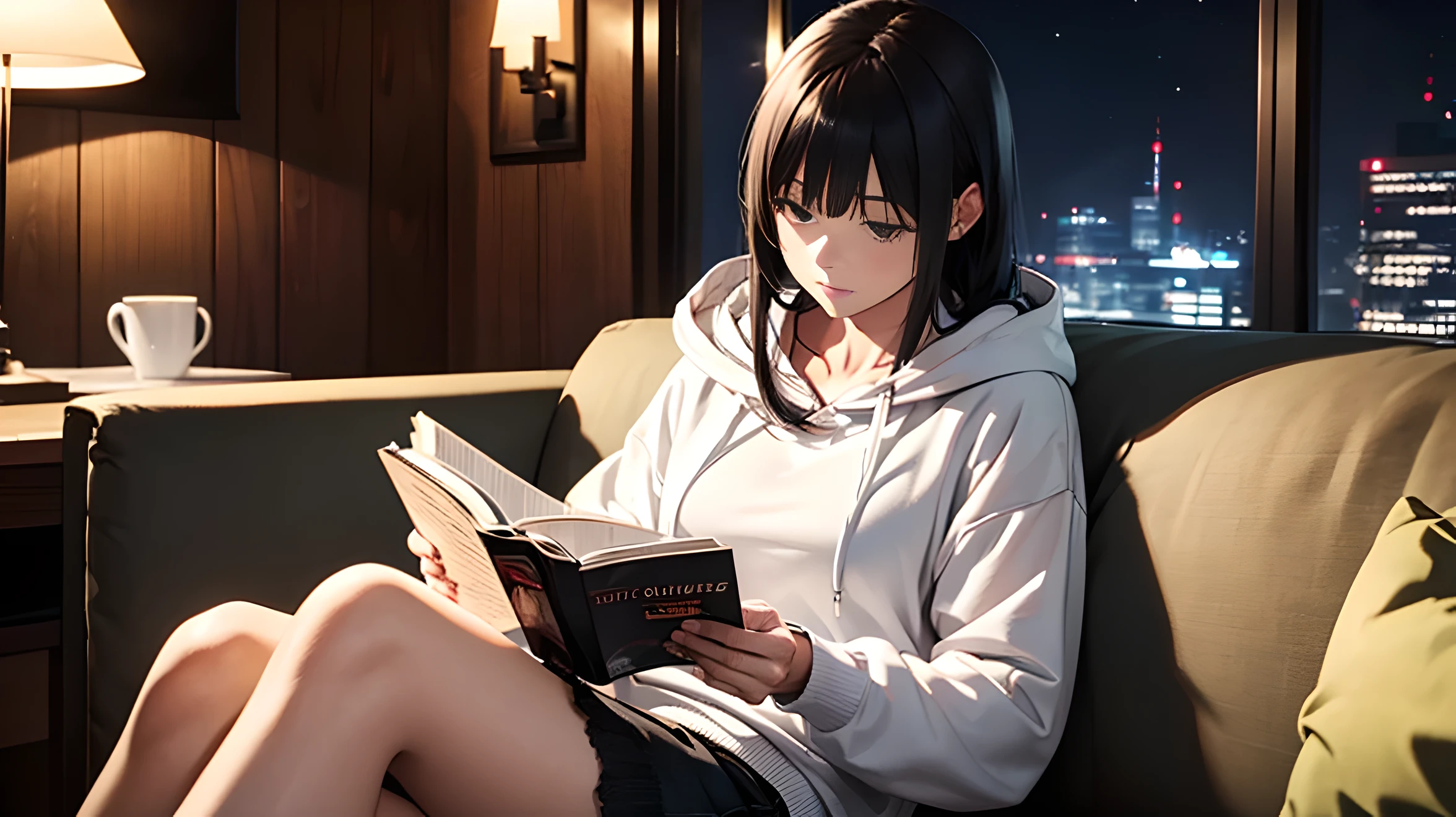 ((High Quality))((Full Shot)) cool woman, long black hair, wearing white hoodie, reading, sitting on couch, night, thinking, dimly lit,
