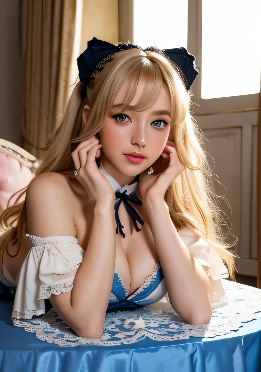 NSFW,(camel toe),(table top, highest quality:1.2), ,In 8K, big ass、Sexual attraction、big breasts、cleavage、beautiful thighs、、Raw photo,platinum blonde long hair, (blue eyes, lolita fashion, :1.2), Full body Esbian, amazing beautiful girl, face light, professional lighting, cinematic lighting, detailed face, background bokeh