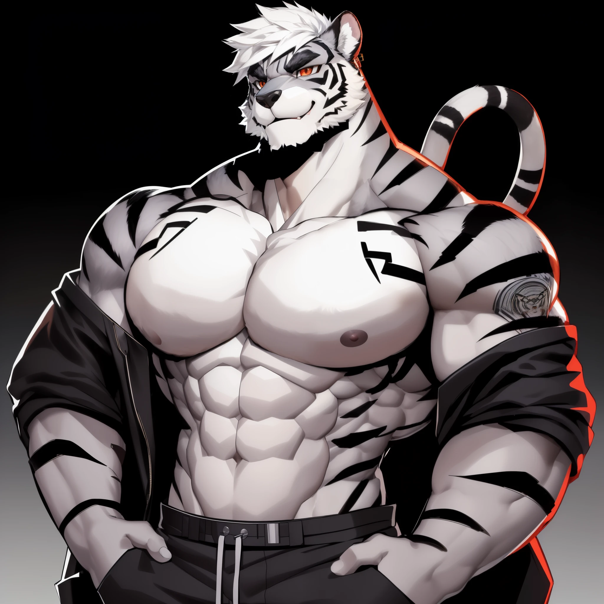 solo, anthro, furry, furry male, Tiger, ((fluffy fur, fluffy, furry body)), (Tiger print), Red eyes, white hair tuft, short white hair, (((grey body, dark grey fur)), (fluffy muscles), dark grey tiger tail, ((white hair, white short hair)), (white muzzle, white chest, white abs, red facial markings, dark black stripes), muscular male, ((facial hair, (black beard:1.2), beard)), detailed fluffy fur, detailed face, flexing, naked, detailed eyes, (huge pectorals), full body, (by raccoon21, by null-ghost, masterpiece, absurd res, high quality, hi res,8k hd), close-view portrait, looking at viewer, grin, detailed teeth, fangs, (mouth open, smile), dynamic pose, legs spread, (arms down), flexing biceps,