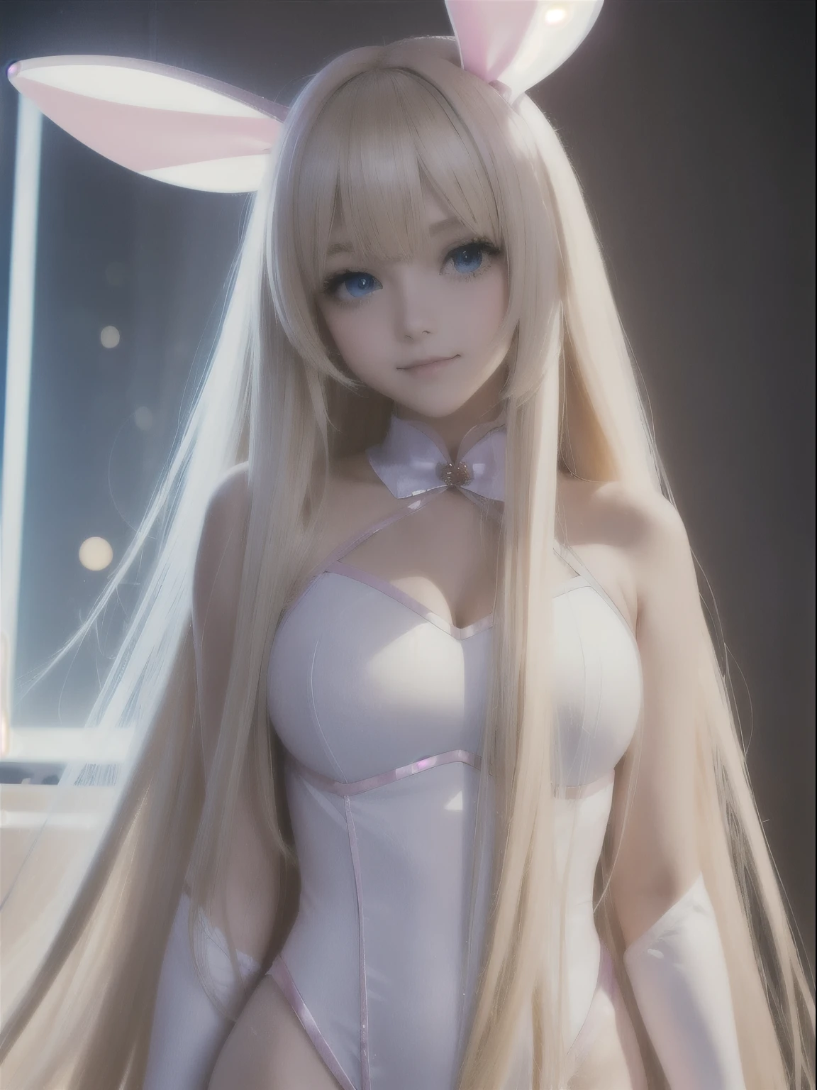 portrait, Best shot, Blonde reflected light, Platinum blonde hair with dazzling highlights, shiny light hair, Super long silky straight hair, Beautiful bangs that shine, Glowing crystal clear attractive big blue eyes. Very beautiful nice cute 16 year old girl, smile, ((whole body)), ((pink rabbit cosplay suit)), 