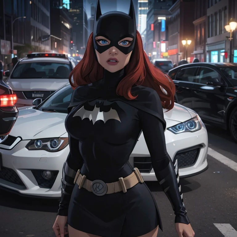 sexy girl with blue eyes, ultra realistic, meticulously detailed, at the car, red hair and large eyes, selfie of a young woman, grey skirt, natural makeup, looking directly at the camera, face with artgram, subtle makeup, stunning full body shot, next of the batmobile ((batman car))), medium to large size bust, midnight weather, view of the streets, new york city, los angeles, full body photo, whole person in the picture, photo shot on iphone, hyper realistic photo, ultra sharp, real life footage, instagram post photo, girl having fun, high quality of the photo,4k , ultra4k moonlight, selfie, people in the background, car in the background, around people, tight black bra big  and mini grey skirt , lovely face long red hair blue eyes