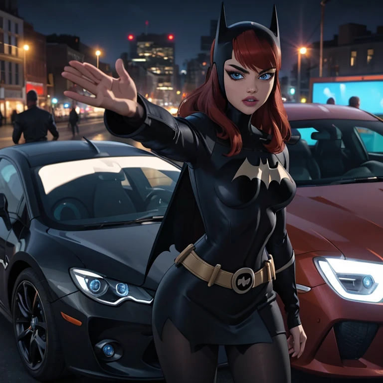 sexy girl with blue eyes, ultra realistic, meticulously detailed, at the car, red hair and large eyes, selfie of a young woman, grey skirt, natural makeup, looking directly at the camera, face with artgram, subtle makeup, stunning full body shot, next of the batmobile ((batman car))), medium to large size bust, midnight weather, view of the streets, new york city, los angeles, full body photo, whole person in the picture, photo shot on iphone, hyper realistic photo, ultra sharp, real life footage, instagram post photo, girl having fun, high quality of the photo,4k , ultra4k moonlight, selfie, people in the background, car in the background, around people, tight black bra big  and mini grey skirt , lovely face long red hair blue eyes