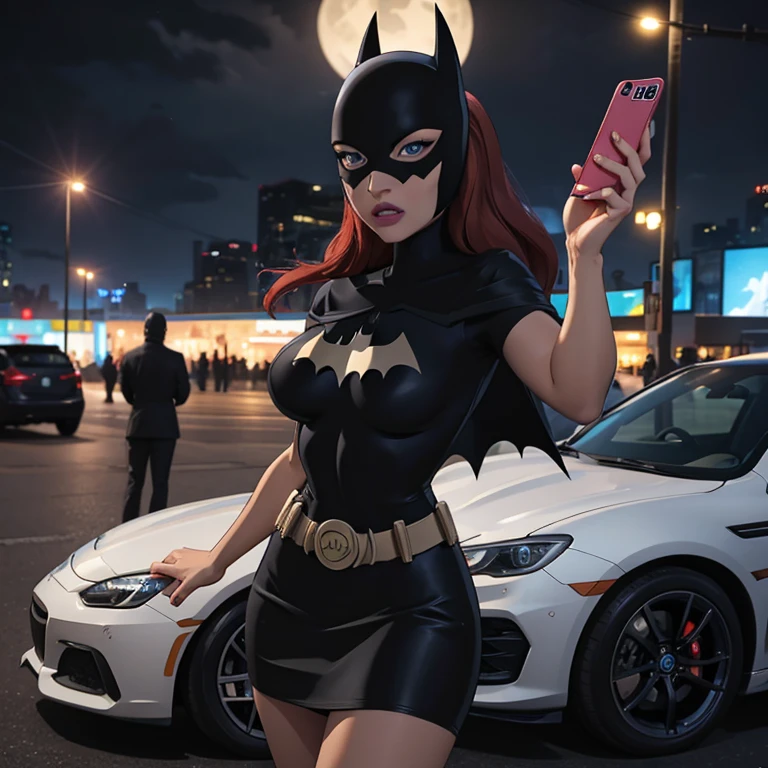 sexy girl with blue eyes, ultra realistic, meticulously detailed, at the car, red hair and large eyes, selfie of a young woman, grey skirt, natural makeup, looking directly at the camera, face with artgram, subtle makeup, stunning full body shot, next of the batmobile ((batman car))), medium to large size bust, midnight weather, view of the streets, new york city, los angeles, full body photo, whole person in the picture, photo shot on iphone, hyper realistic photo, ultra sharp, real life footage, instagram post photo, girl having fun, high quality of the photo,4k , ultra4k moonlight, selfie, people in the background, car in the background, around people, tight black bra big  and mini grey skirt , lovely face long red hair blue eyes