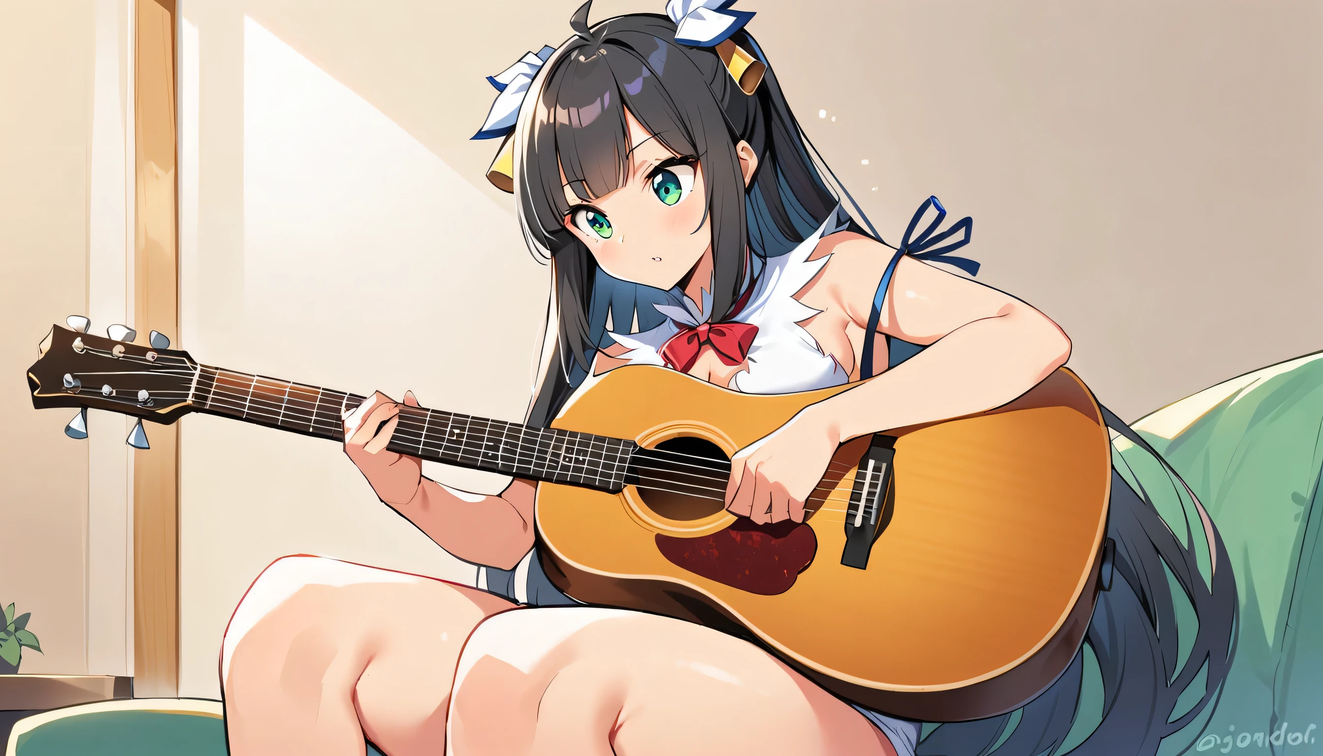 (obra maestra, Mejor calidad:1.2), 1 chica, solo,de pie_dividir, Hestia, pelo largo，nudity, playing guitar
