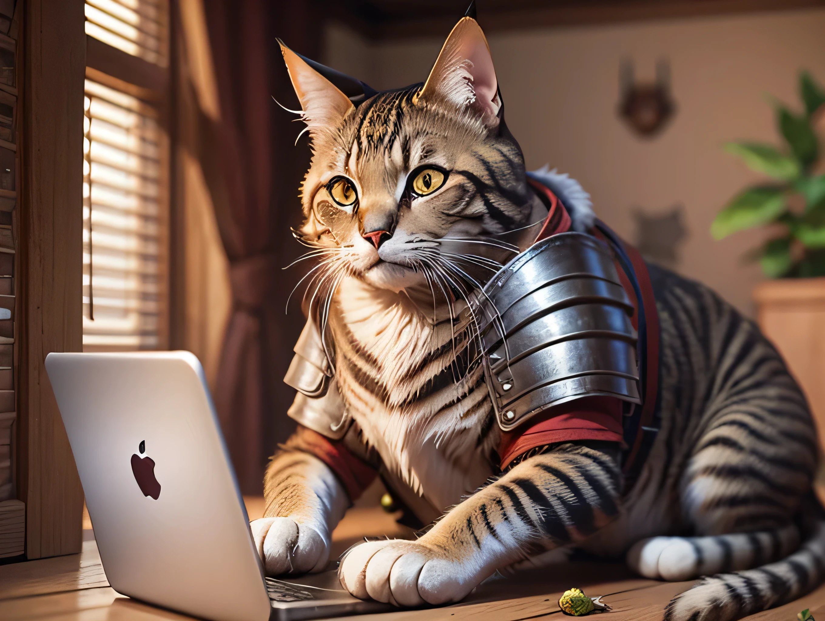 cat in medieval armor, Sitting and working on a laptop