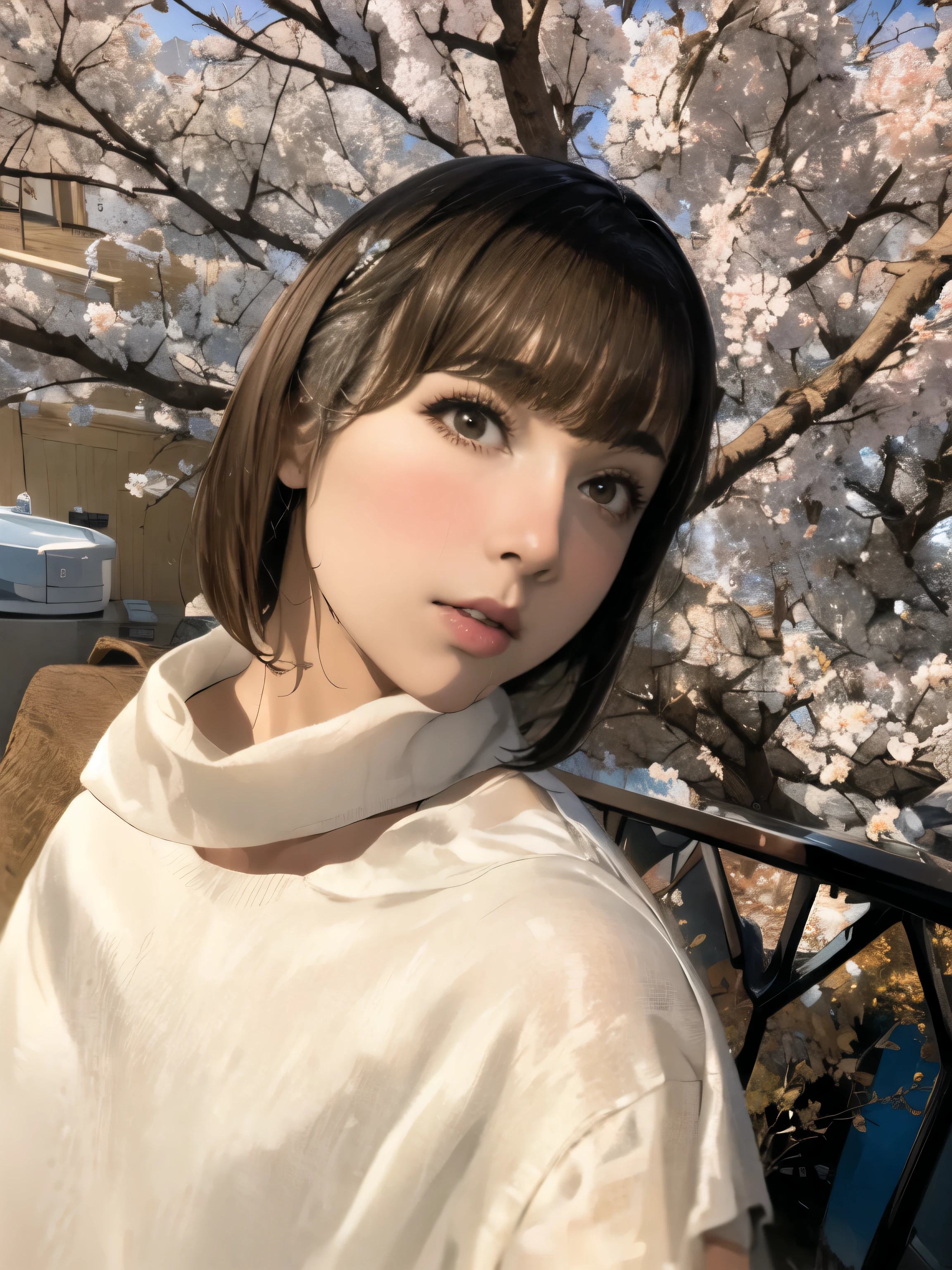 Arabian woman in white sweater and carrying brown bag, with short hair, with short hair with bangs, white hime cut hairstyle, beautiful japanese girl face, short brown hair with bangs, beautiful korean woman, popular korean makeup, Ulzzang, Chiho, Neat hair with bangs, beautiful young korean woman, face of young cute asian man