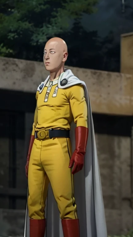 masterpiece, best quality, 1boy, (saitama), bald hair, black eyes, blue boot, red gloves, yellow clothes, white cape, standing, angry face, aura power, night, natural light,standing, angry eyes, male focus, strong muscles, movie composition, deth of field, bokeh, (futuristic), (full body),