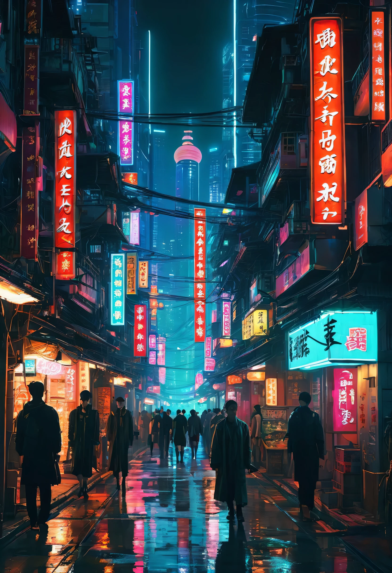 people々A painting of a city street with people walking along, Kowloon Cyberpunk, cyberpunk street, chinatown blade runner, In Cyberpunk City, cyberpunk alley, Kowloon Cyberpunk cityscape, Cyberpunk in a Cyberpunk City, Cyberpunk Market, City Concept Art, cyberpunk cityscape, busy cyberpunk metropolis, cyberpunk streets at night, cyberpunk anime art, Like the scene in Blade Runner