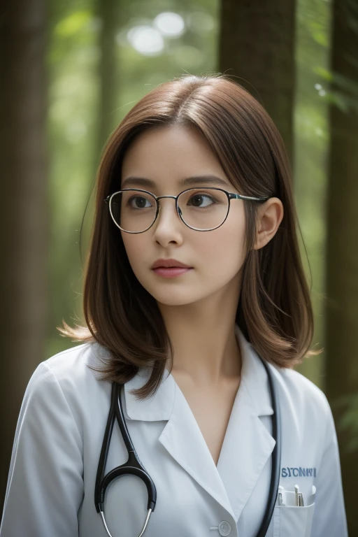 Best Quality, Photorealistic 8K high-resolution illustrations, Beautiful expression of one young woman, look front ,The closed mouth is characteristic., Attention to skin details, A rich forest spreads out in the back of the screen, Looking at the viewer longing for a woman in a doctorsuit ,wear glasses and stetoscope with medium brown hair and parted hair blurred