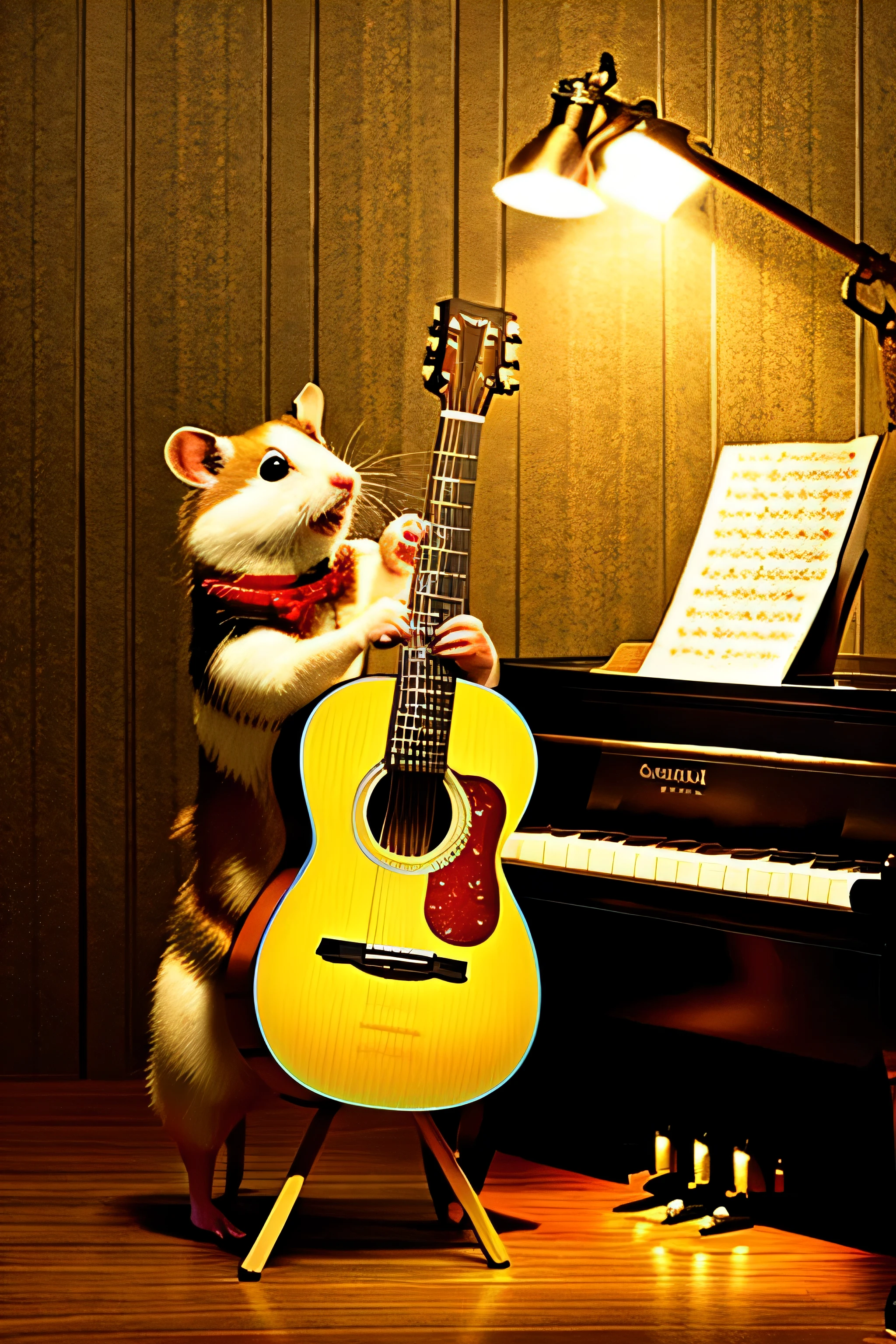 Hamster playing the guitar,There is a piano in front of the hamster.,, (masterpiece:1.2),highest quality,masterpiece,High resolution,original,highly detailed wallpaper,perfect lighting,(Very detailed CG:1.2),drawing,paintbrush,