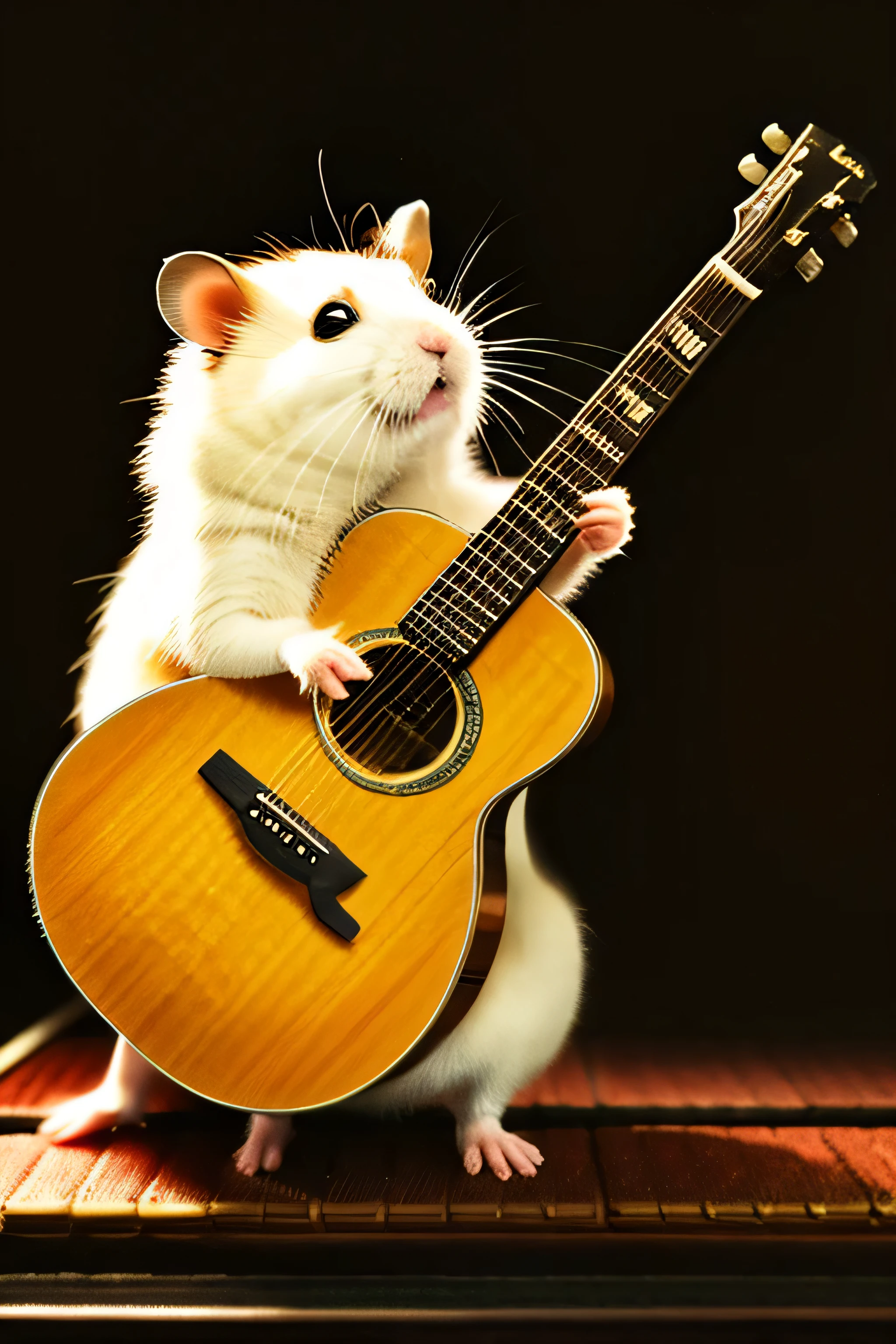 Hamster playing the guitar,There is a piano in front of the hamster.,, (masterpiece:1.2),highest quality,masterpiece,High resolution,original,highly detailed wallpaper,perfect lighting,(Very detailed CG:1.2),drawing,paintbrush,