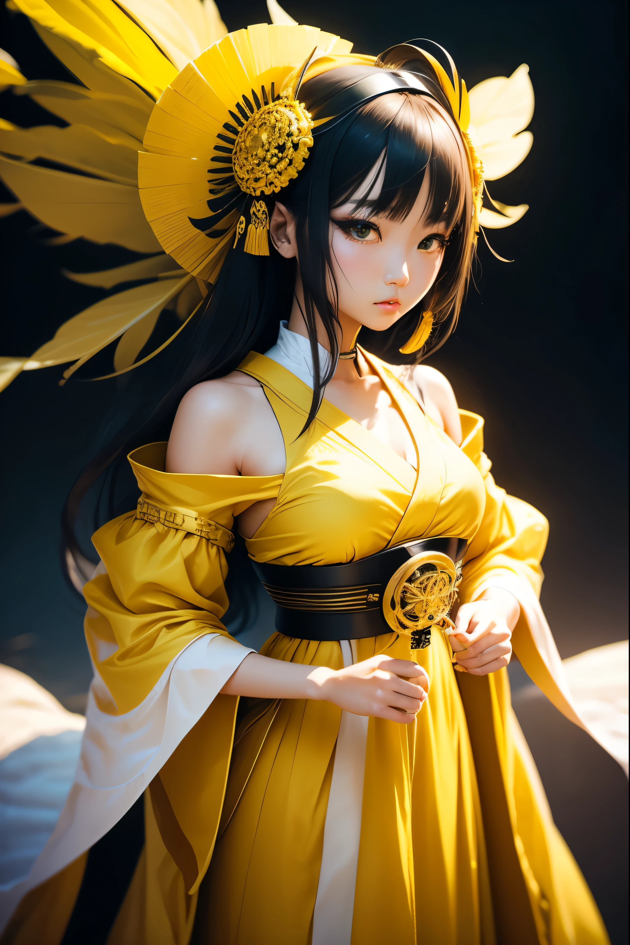 A beautiful japanese female pop artist in a yellow bohemian dress, with a huge headpiece center piece, clean makeup, with depth of field, fantastical edgy and regal themed outfit, captured in vivid colors, embodying the essence of fantasy, minimalist, film grain