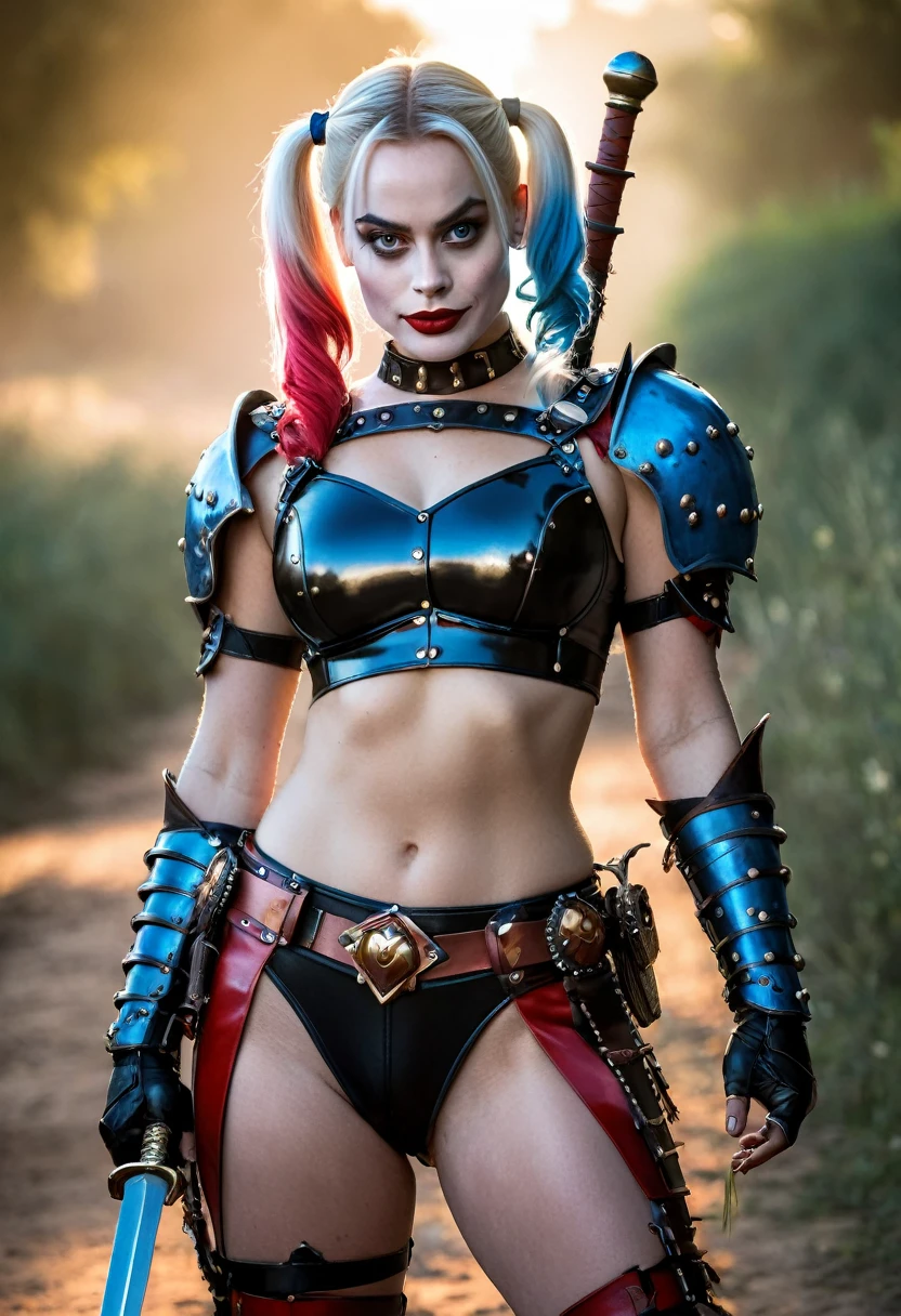 masterpiece, beautiful Margot Robbie as Harley Quinn, Warrior Barbarian leather armor , Metal armor (sword in hand 1:2) (delicate black transparent armor), (Big breasts), (perfect body), (hairstyle two ponytails on the sides, one blue, the other rose gold, long hair), outside, (skin texture:1.1), Best quality, ultra high resolution, Raw-Photo, Nikon D850, backlight, rim light, Bright sunlight, detailing:1.2, (Warm tone, Warm tone:1.2), (color photo), battlefield background dark magic.

