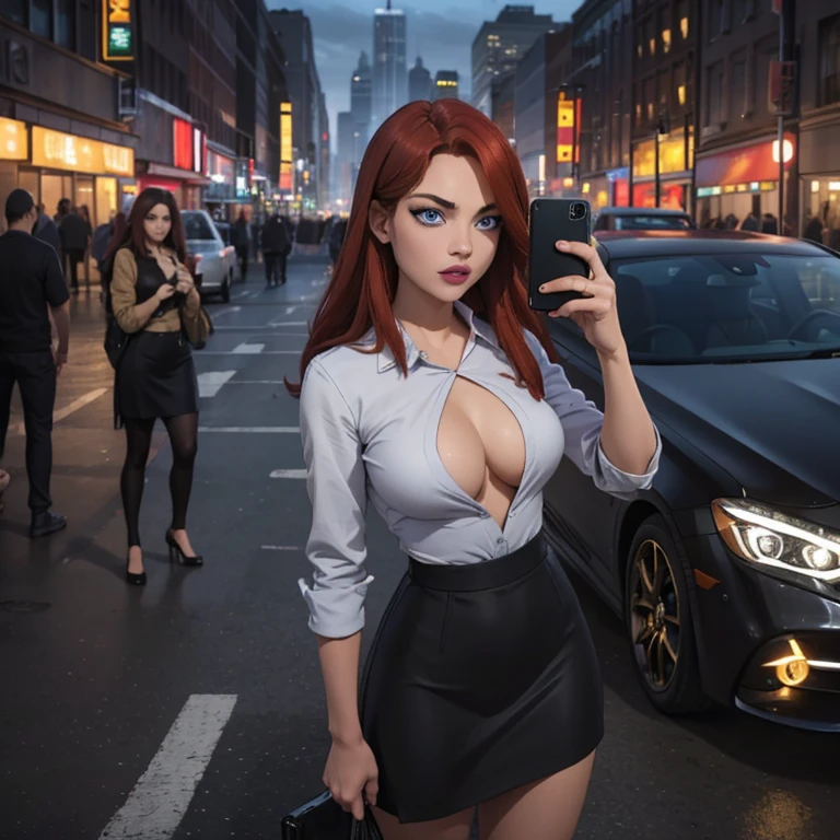 sexy girl with blue eyes, ultra realistic, meticulously detailed, at the car, red hair and large eyes, selfie of a young woman, grey skirt, natural makeup, looking directly at the camera, face with artgram, subtle makeup, stunning full body shot, next of the Mercedes-Benz ((black and gold car))), medium to large size bust, midnight weather, view of the streets, new york city, los angeles, full body photo, whole person in the picture, photo shot on iphone, hyper realistic photo, ultra sharp, real life footage, instagram post photo, girl having fun, high quality of the photo,4k , ultra4k moonlight, selfie, people in the background, car in the background, around people, tight black bra big and mini grey skirt , lovely face long red hair blue eyes