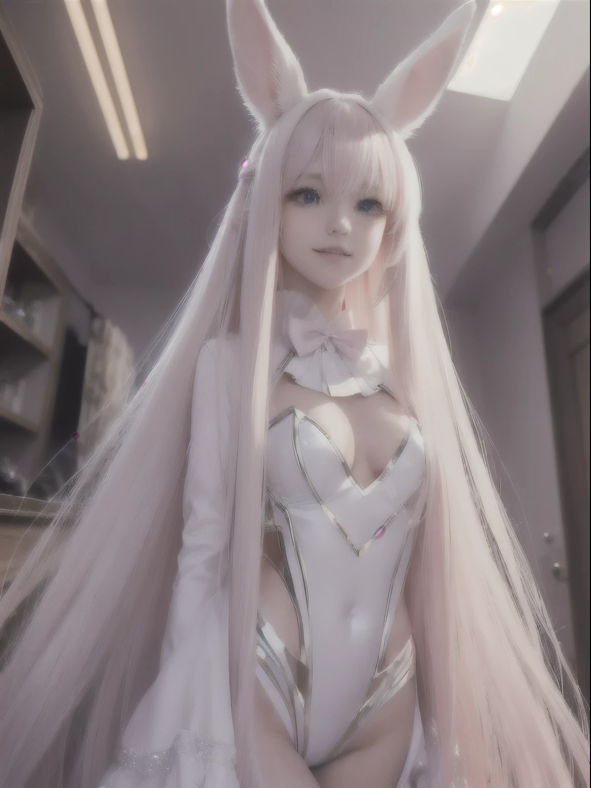portrait, Best shot, Blonde reflected light, Platinum blonde hair with dazzling highlights, shiny light hair, Super long silky straight hair, Beautiful bangs that shine, Glowing crystal clear attractive big blue eyes. Very beautiful nice cute 16 year old girl, smile, ((whole body)), ((Pink long-haired lop-eared rabbit cosplay suit)),