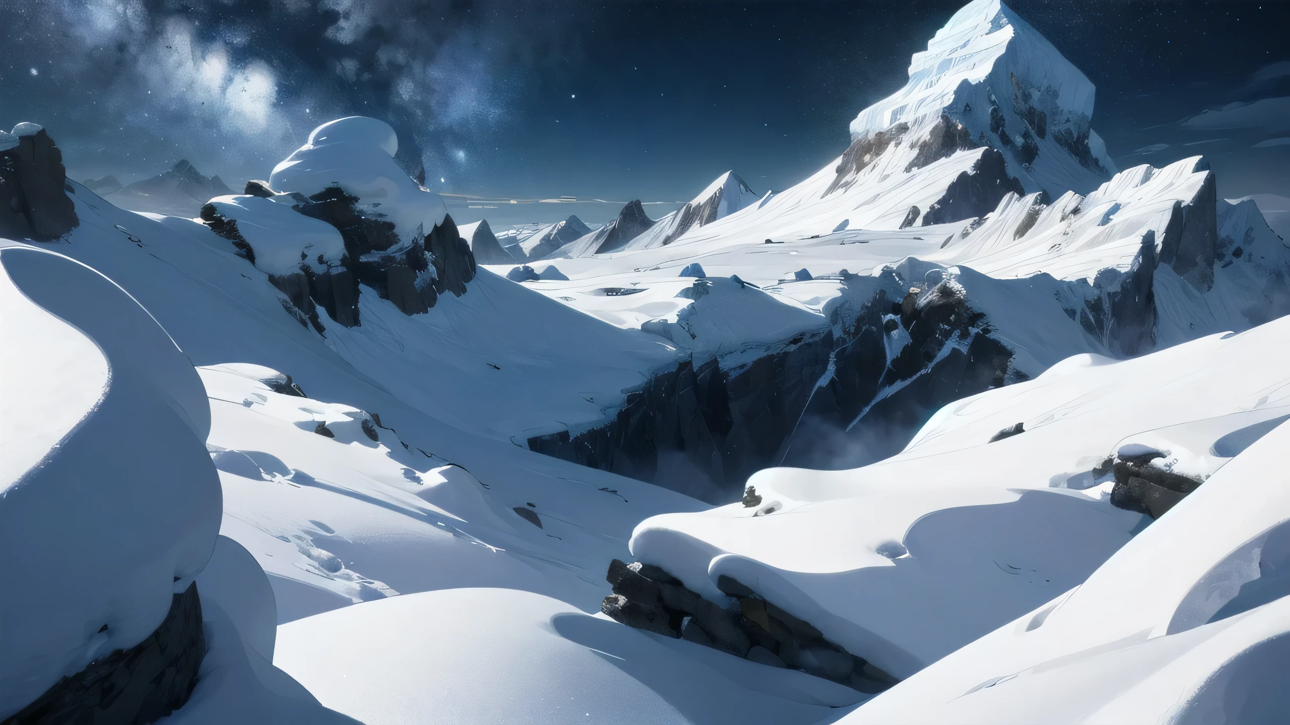 Panorama of the snow-covered mountain range: 1.4, blizzard and an eerily dark night: 1.3, (sloping snowy ridge plateau terrain with artistic beauty), the climb from the front of the snowy mountain ridge to the top is gradual, The altitude gradually increases from the front: 1.3, Taking a break, shooting from above towards the peak in the extremely cold polar region: 1.3, The background is a panoramic snowy landscape with a snowy horizon and distant snowy mountains late at night: 1.3, Ultimate Masterpiece and ultimate quality: 1.4, Extremely delicate details: 1.3, Midnight snow polar region carefully finished by professional art background illustrators: 1.4), Professional award-winning photography Realistic movie poster Digital illustration: 1.4, Artistic beauty: 1.4, Composition that captures the scenery in the screen, realistic rather than fantasy scenes: 1.4, The highest snowy mountain near the top creates a powerful and eerie atmosphere. Cloudy night sky due to a black anomaly caused by a strange paranormal phenomenon, no one is there: 1.4, shot looking up at the mountain, illustration of an empty Everest landscape: 1.3, realistic mountain terrain: 1.4, Antarctic polar region: 1.4, foreground There are mountains in , and the higher you go, the higher you go: 1.3, Beautiful and gentle mountains, emotional and dramatic deep blue and pitch black night, rough dark gray cloudy sky: 1.3, Snowstorm Stylish: 1.4, Ground shot: 1.2, Super close-up :1.4