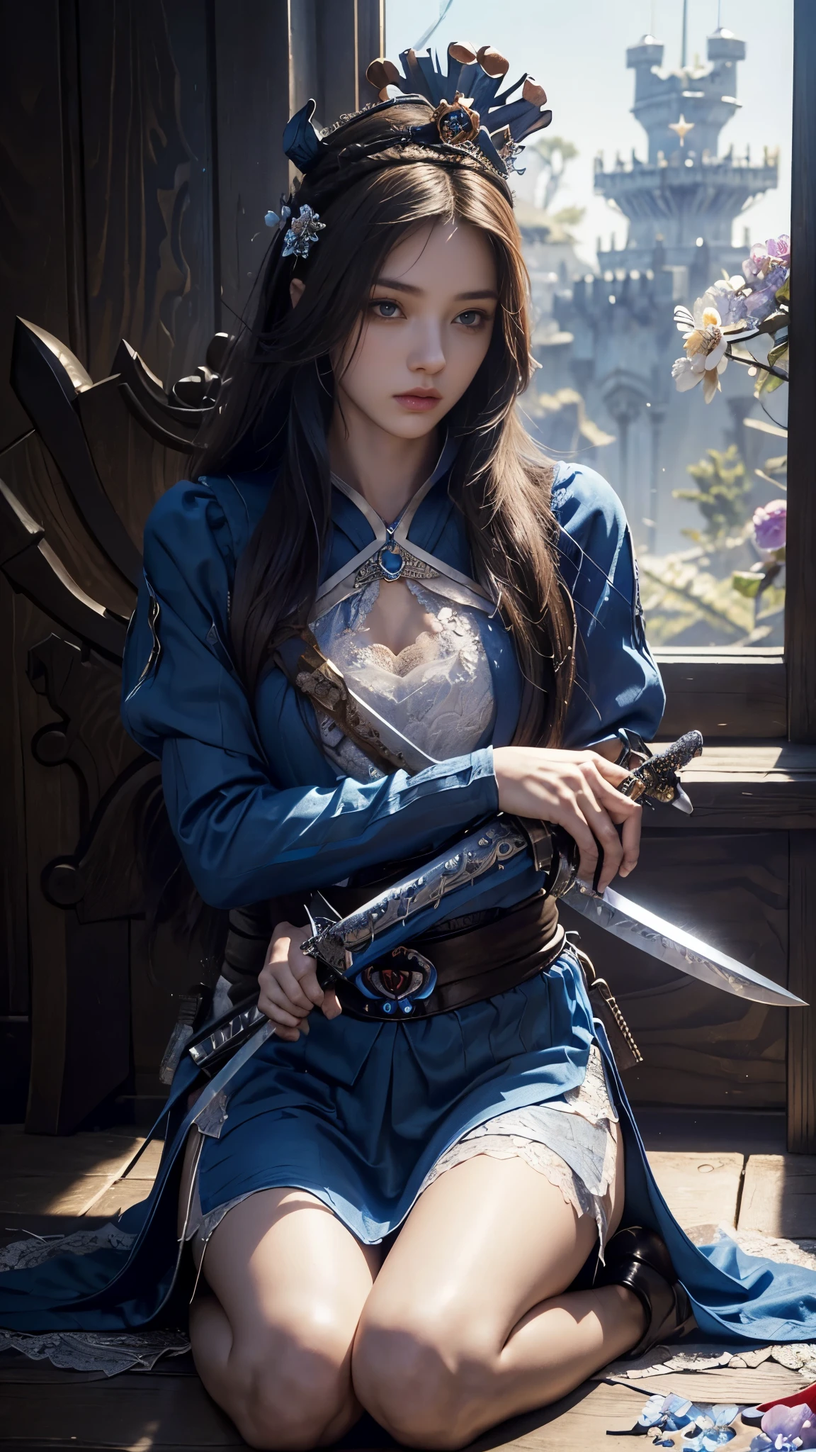 model shoot, (1 girl), (innocent face:1.4), long hair, (fantasy Assassin:1.5), blue outfit, lace:1.5, (crown:1.5), (flower:1.5), hyper realistic, super detailed, Dynamic shot, masterpiece, scene sharp détails, perfect eyes, perfect skin, (assassin sword:1.5), (perfect body:1.5), sitting,