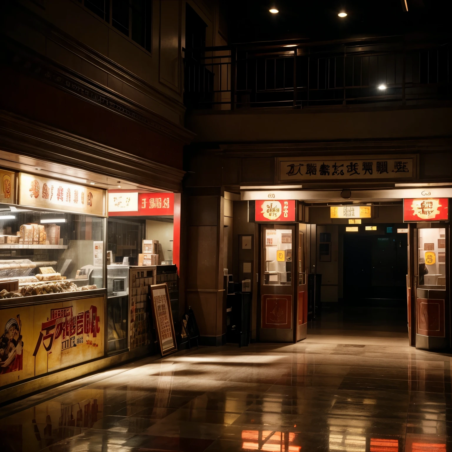 The empty high-ceilinged Taiwan Grand Theater in the 1950's,On the left, there is a movie ticket counter and a colorful American-style grocery store and snack bar selling snacks and popcorn.,There is a lamp deep in the deep hall that illuminates the entrance to the cinema door,It's covered in large hand-painted movie posters,45 degree wide angle photography,Real scene photography