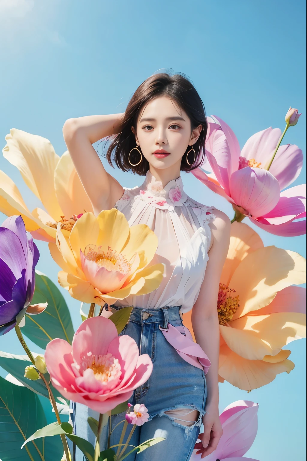 There was a woman standing in front of a bouquet of flowers, inspired by Yanjun Cheng, official artwork, author:Russell Dongjun Lu, Popular topics on cgstation, by Yanjun Cheng, Artgerm and Atey Ghailan, author:unbelievable, Beautiful digital illustration, yanjun chengt, Official illustration, Beautiful digital artwork, A beautiful artistic illustration