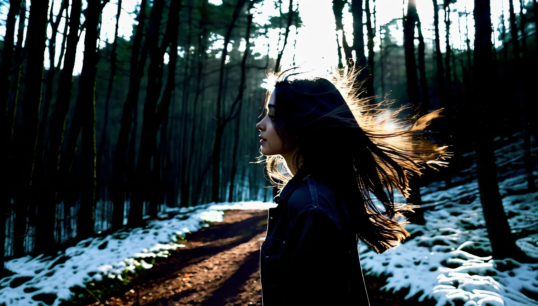 Forest dark background, nature ,real, aesthetic, girl walking , slowly, softly, long hair ,wind blowing, real physics, cinematic, real, Black hair , in Woods, among trees, wondering